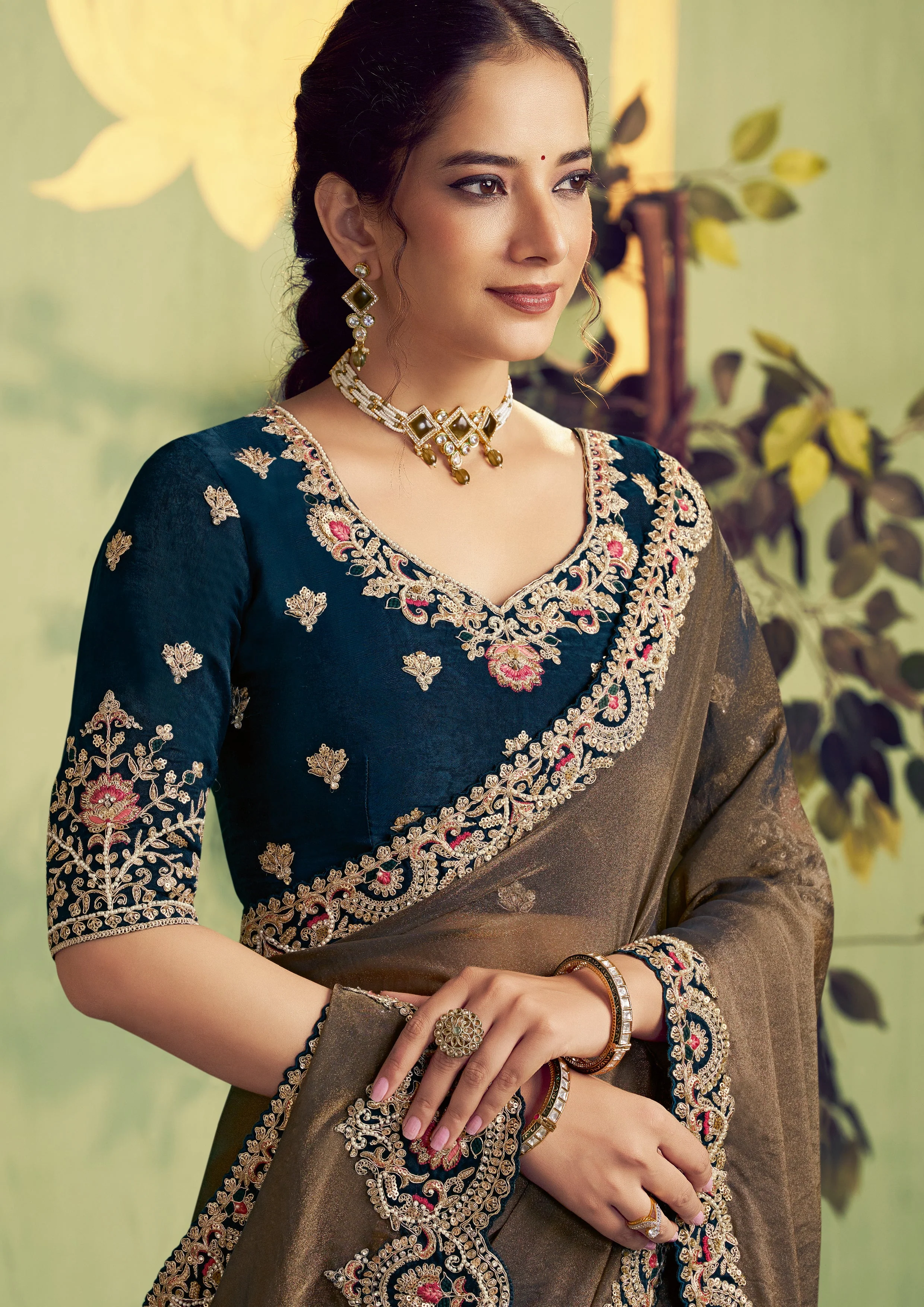 Brown Embellished Shimmer Tissue Silk Saree - Image 4
