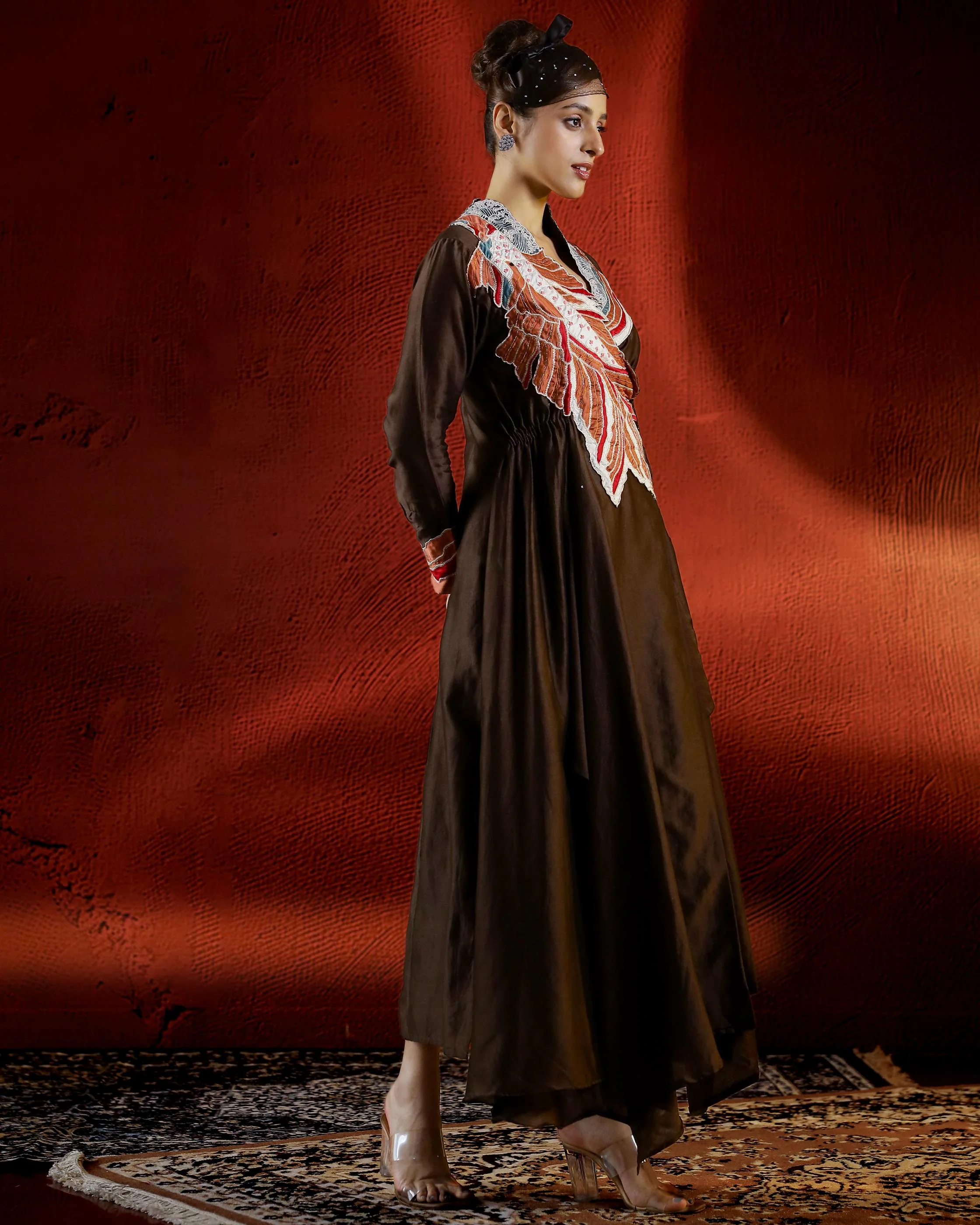 Brown Embroidered Raw Silk Tunic with Pants - Image 3