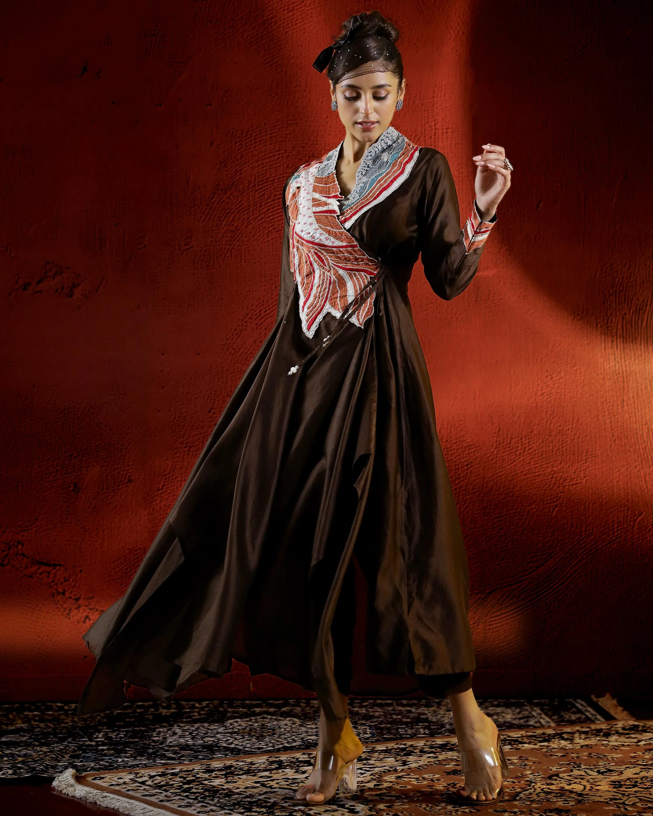 Brown Embroidered Raw Silk Tunic with Pants - Image 4