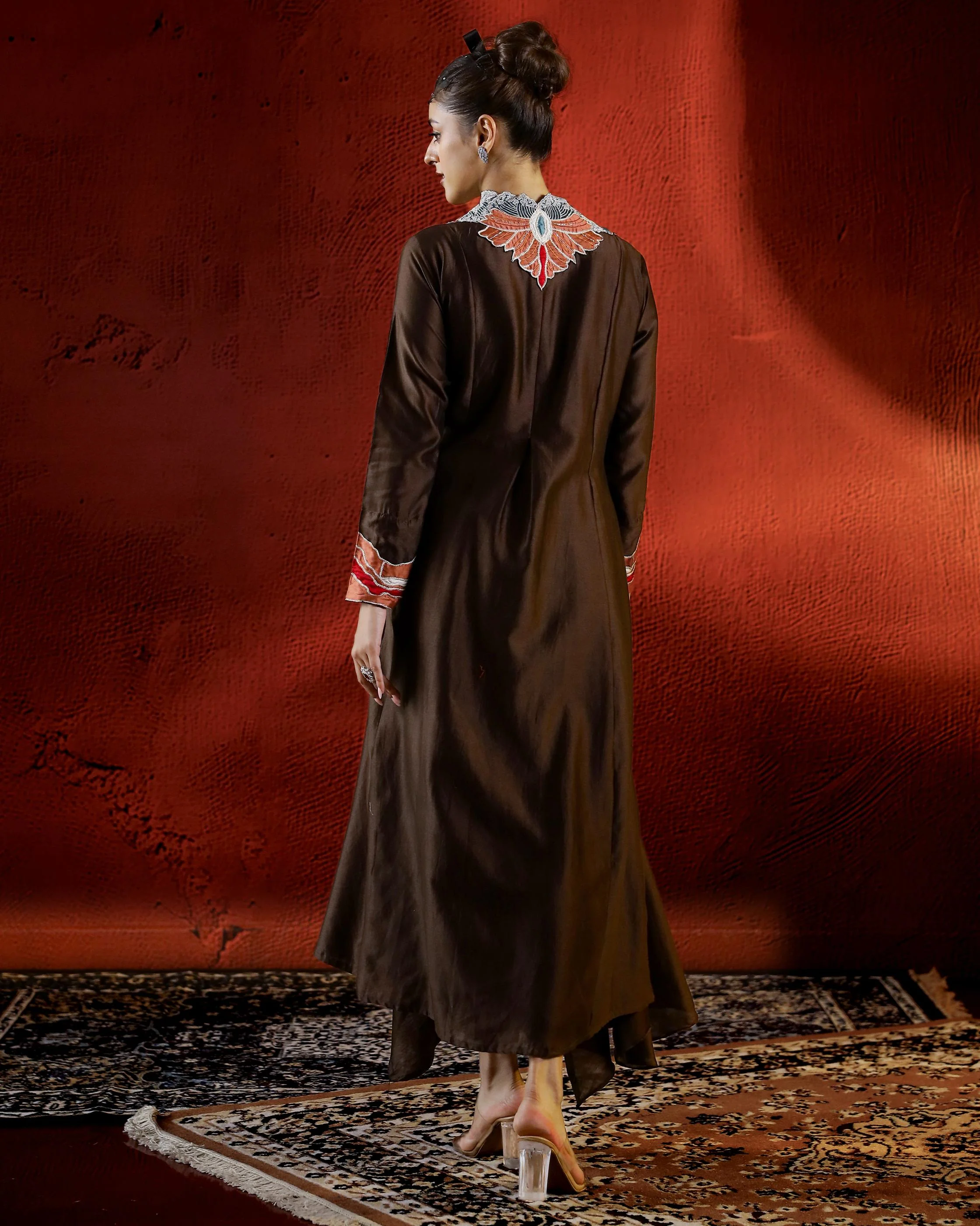 Brown Embroidered Raw Silk Tunic with Pants - Image 5