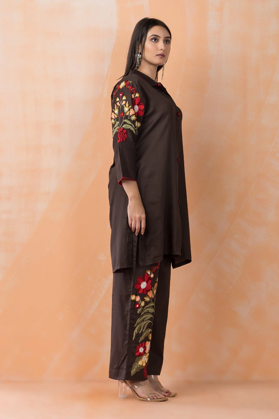 Brown Embroidered Cotton Satin Co-Ord Set - Image 2