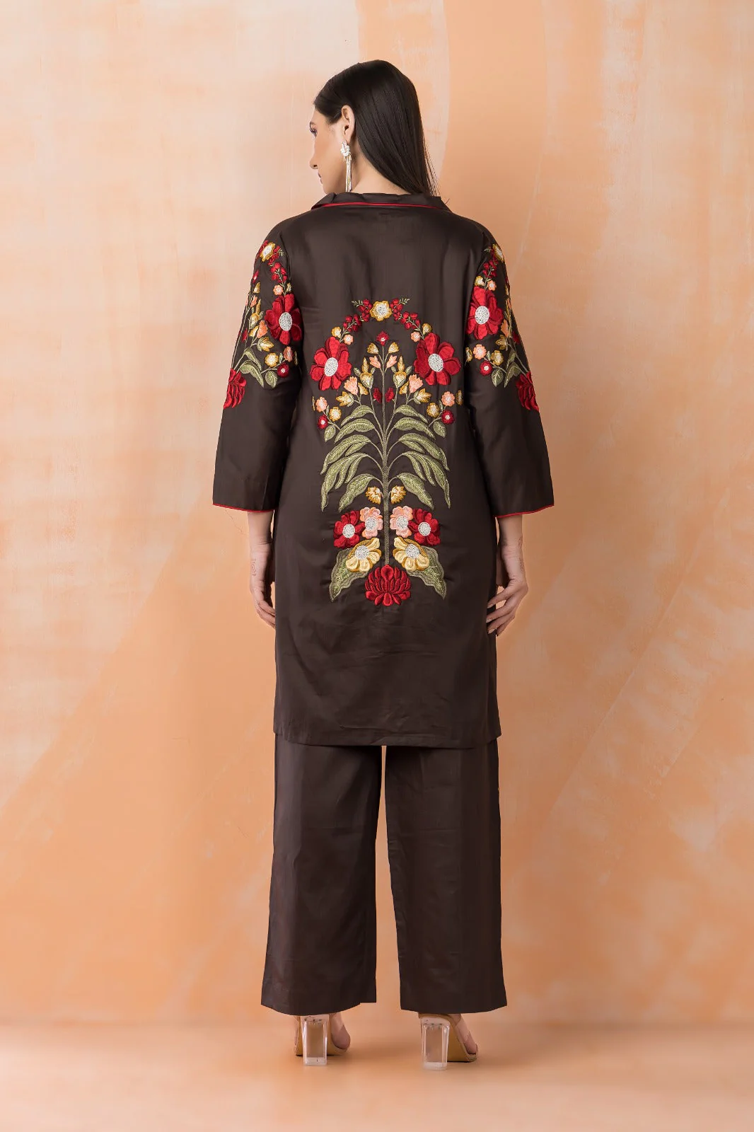 Brown Embroidered Cotton Satin Co-Ord Set - Image 3