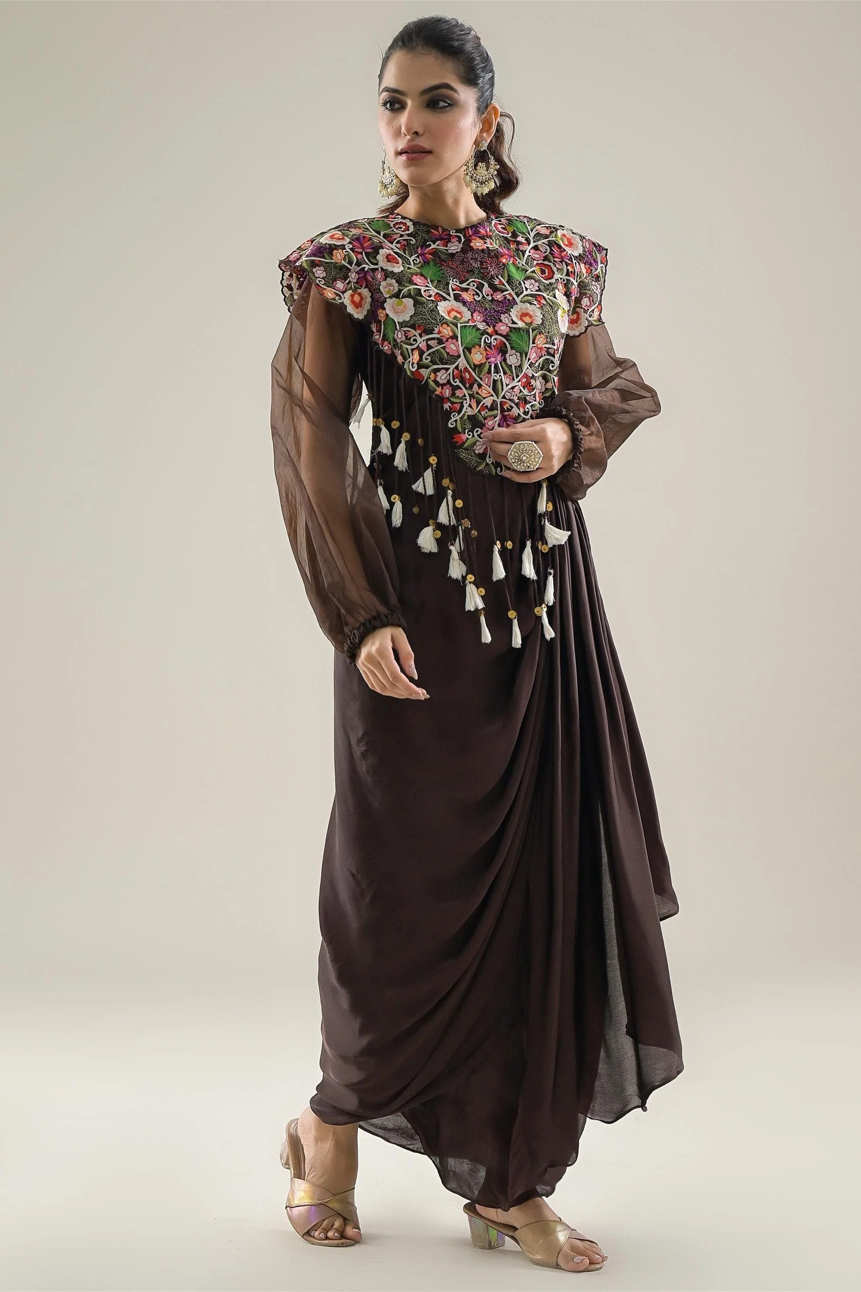 Brown Embroidered Satin Silk Draped Dress - Image 3