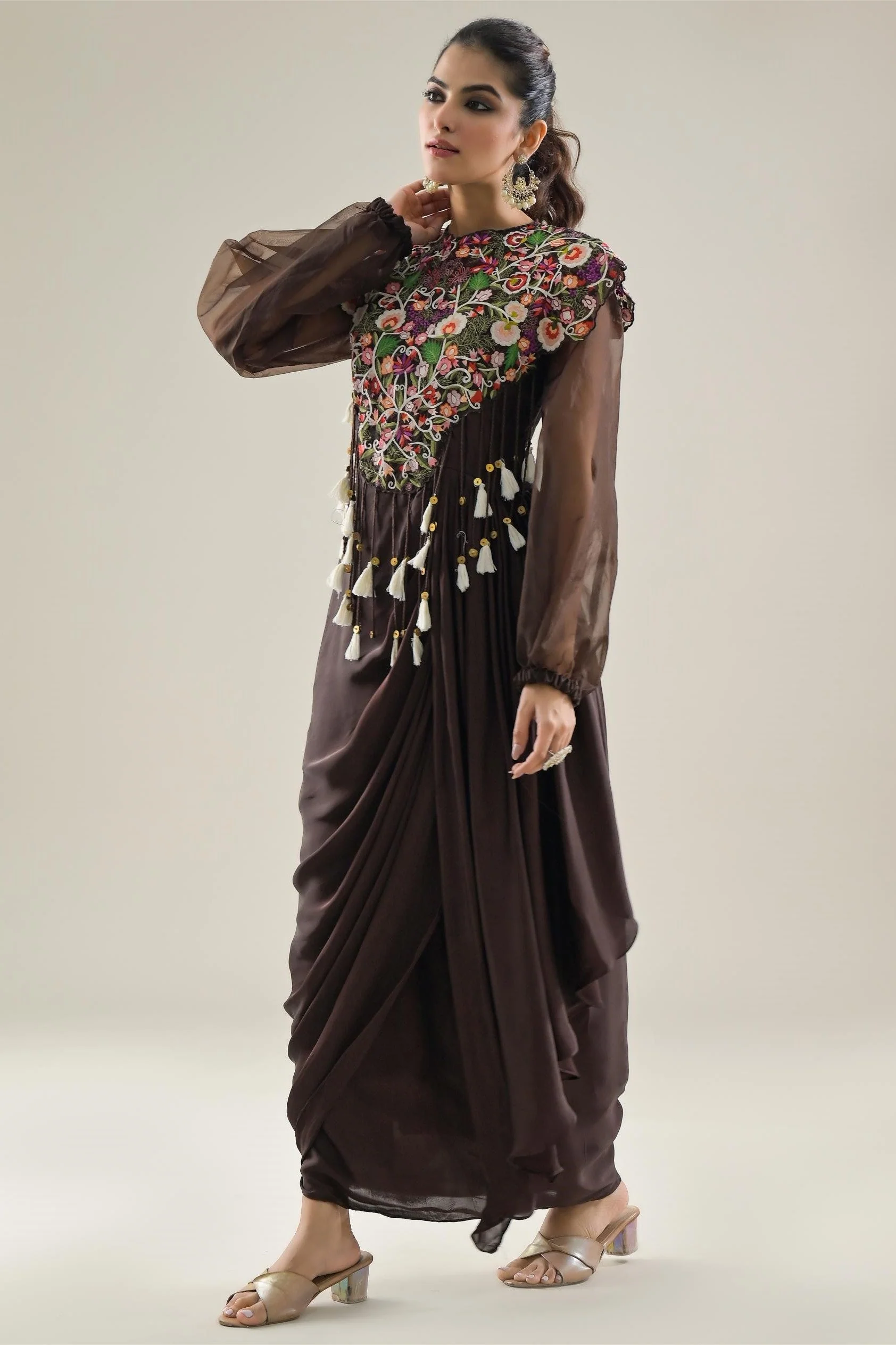 Brown Embroidered Satin Silk Draped Dress - Image 4
