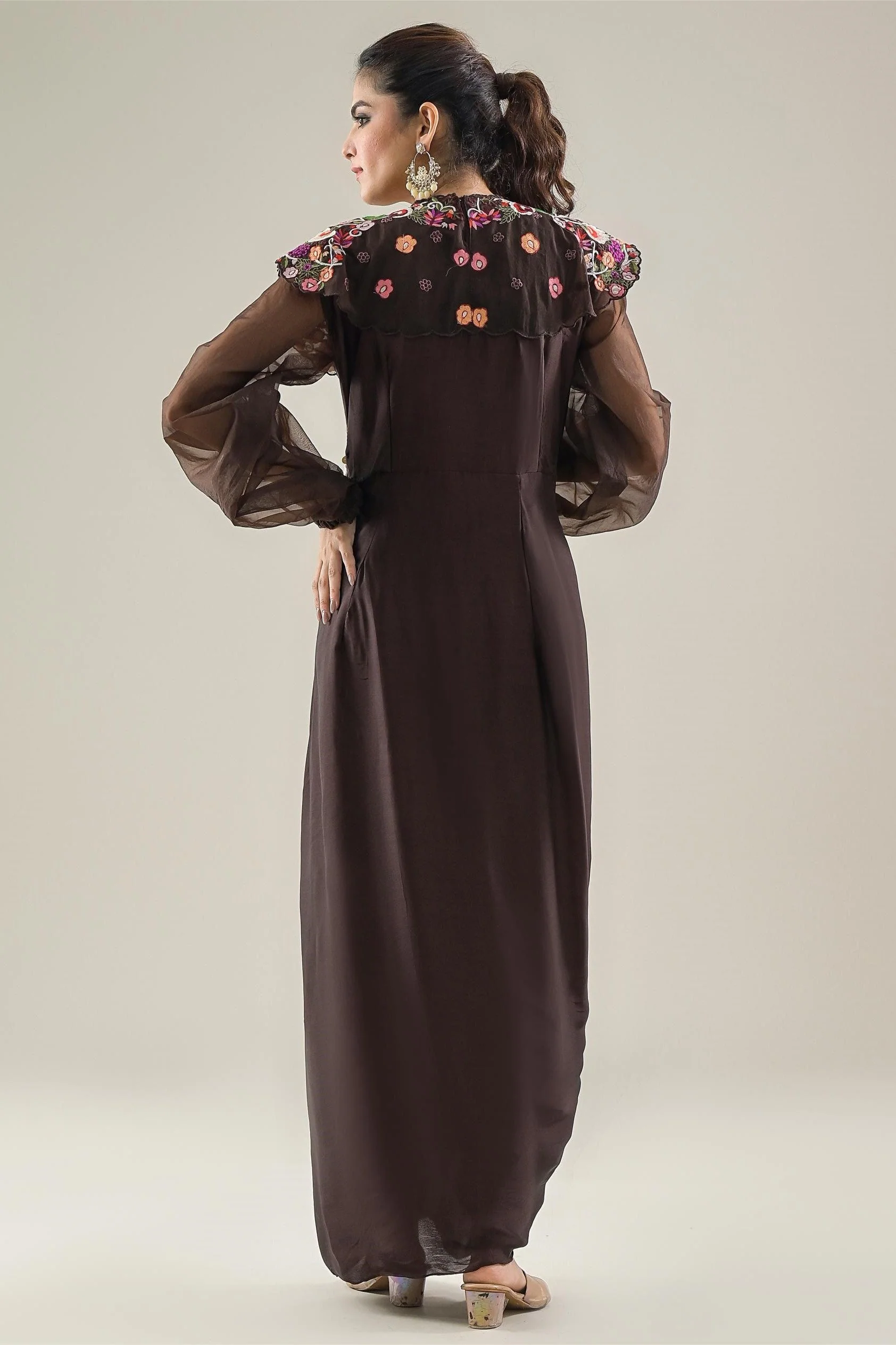 Brown Embroidered Satin Silk Draped Dress - Image 5