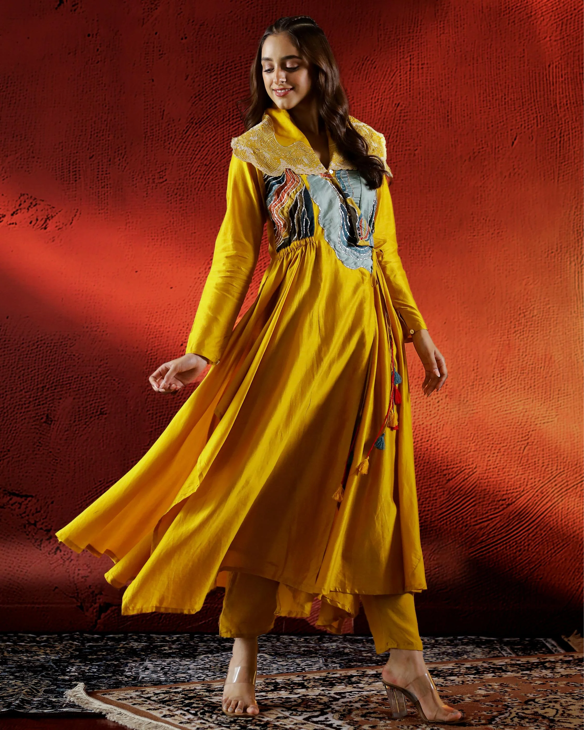 Yellow Embroidered Spanish Silk Kurta with Pants - Image 3