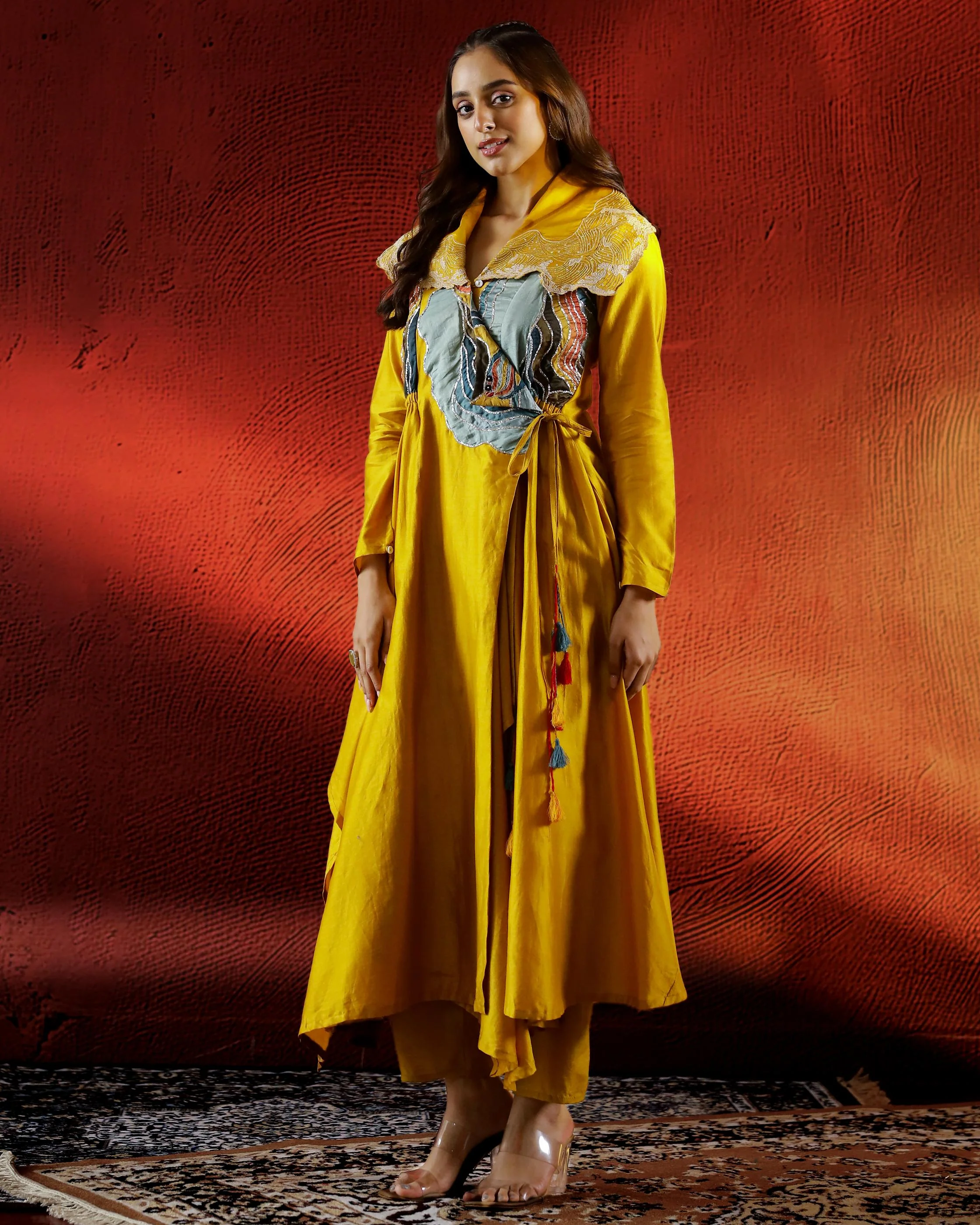 Yellow Embroidered Spanish Silk Kurta with Pants - Image 4