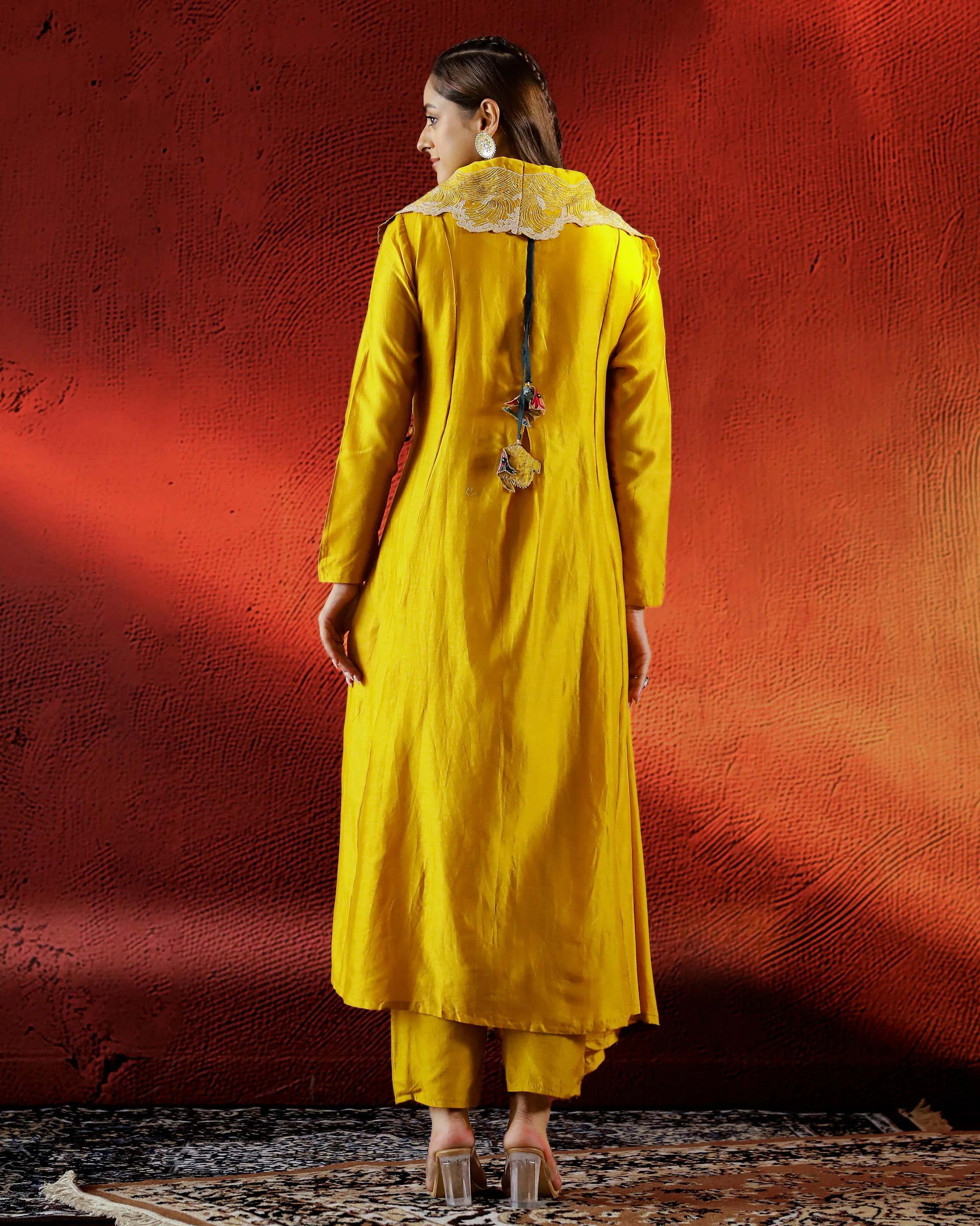 Yellow Embroidered Spanish Silk Kurta with Pants - Image 5