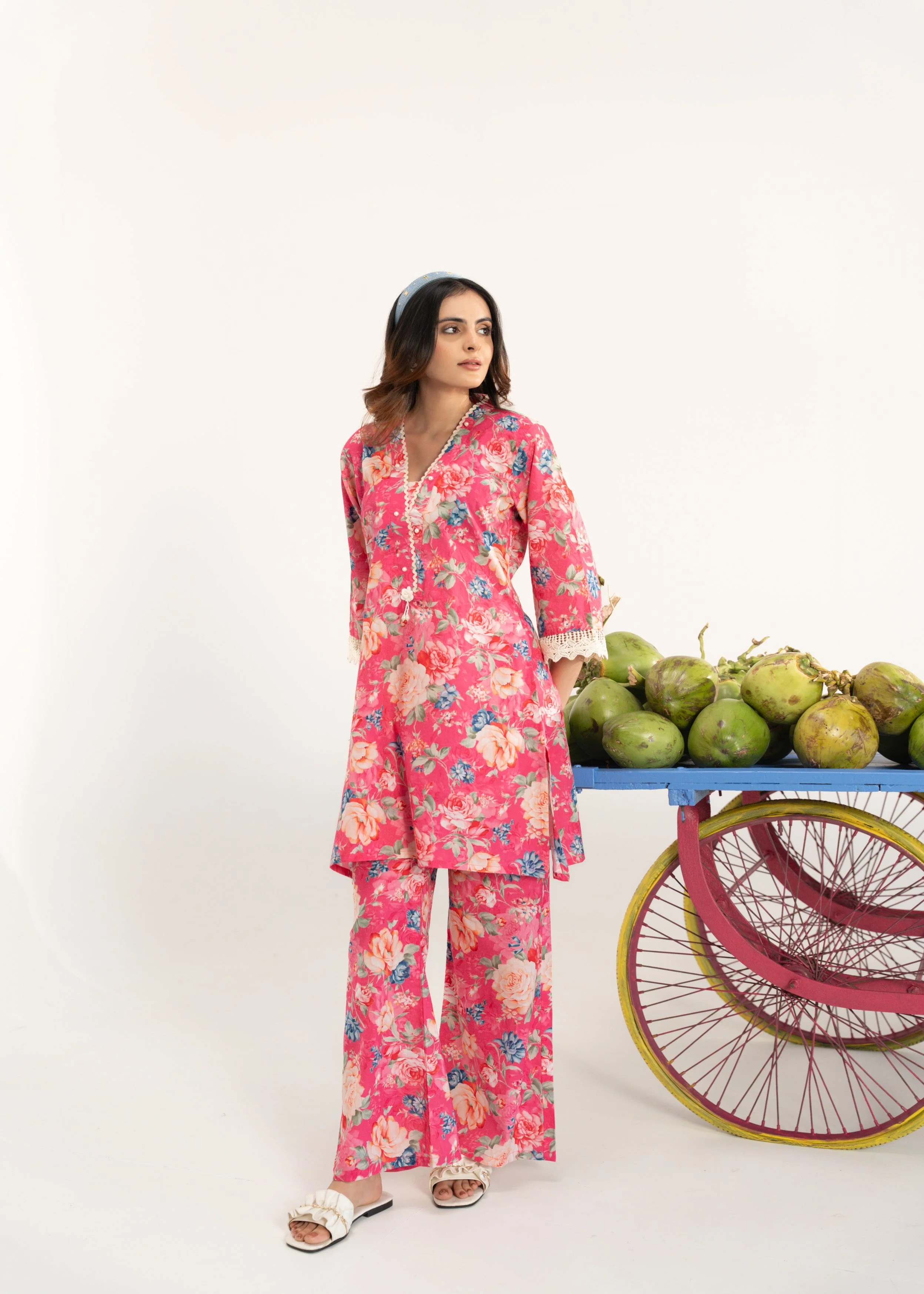 Vibrant Pink Floral Printed Cotton Co-ord Set - Image 3