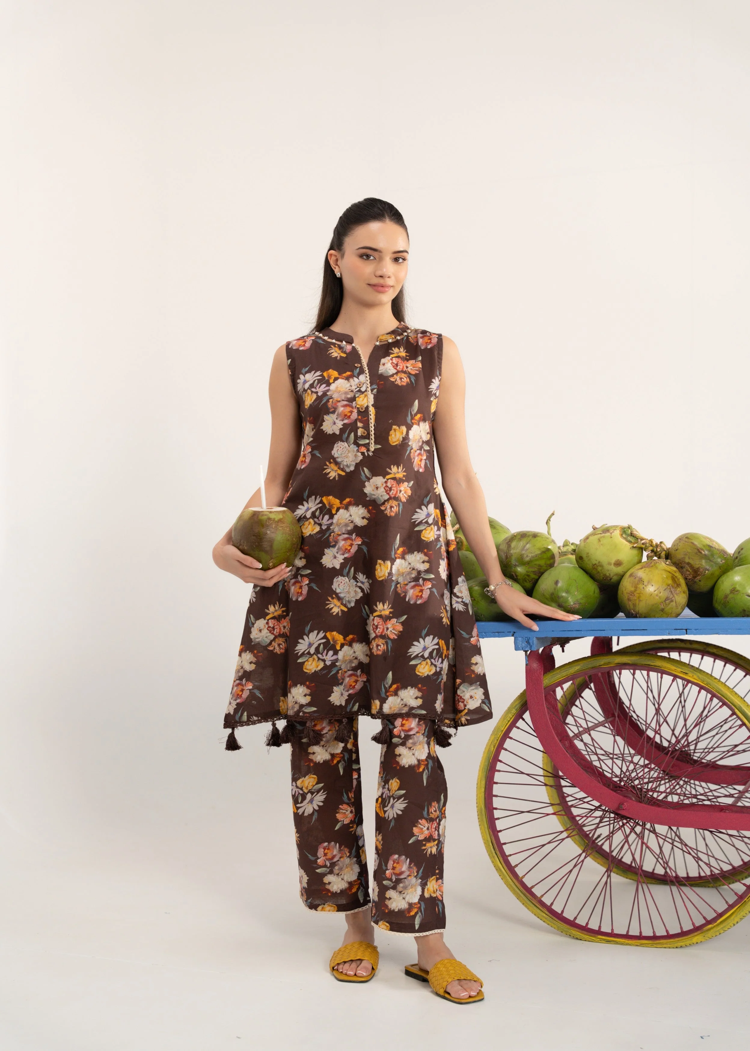 Brown Floral Printed Cotton Co-Ord Set - Image 2