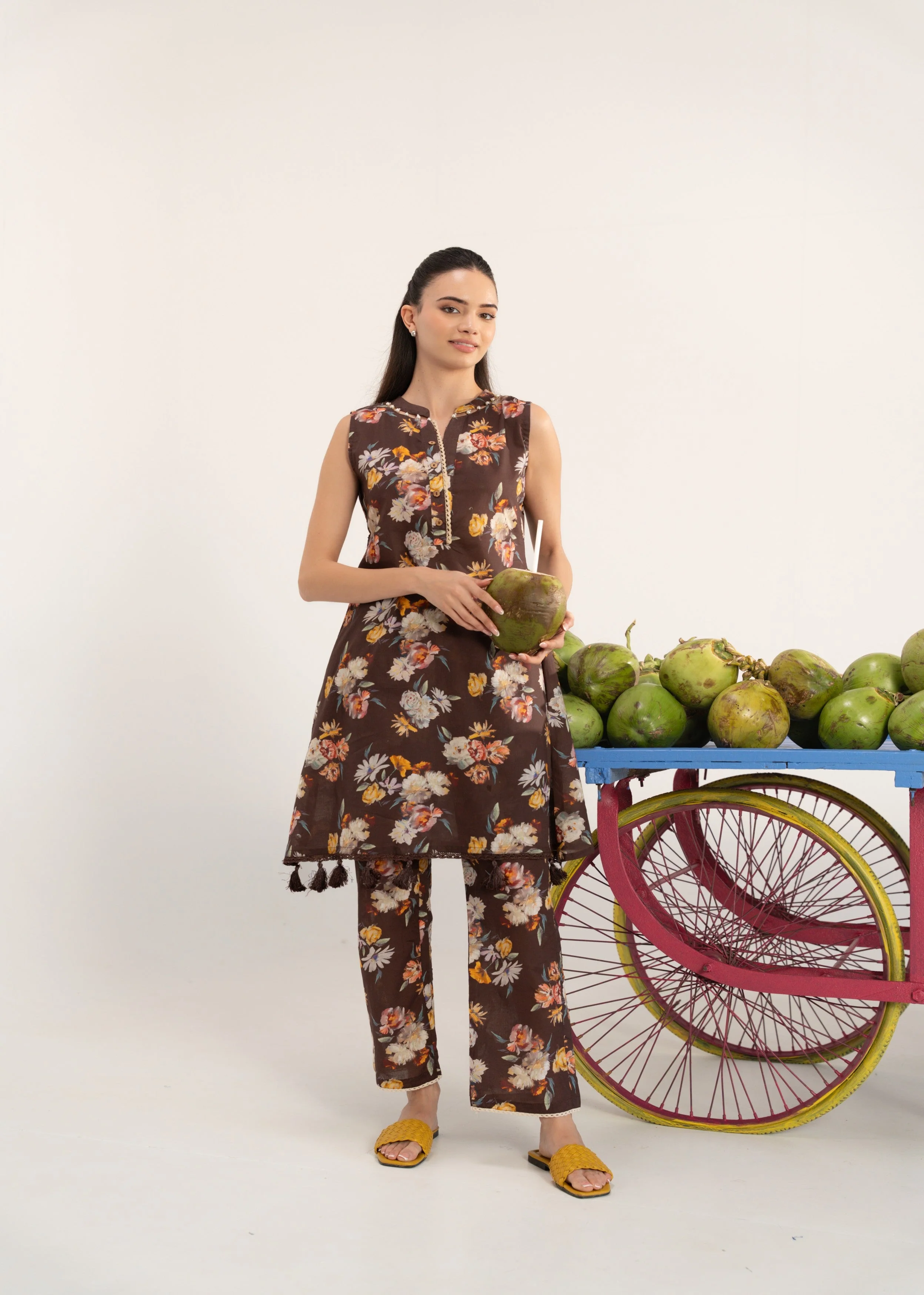 Brown Floral Printed Cotton Co-Ord Set - Image 3