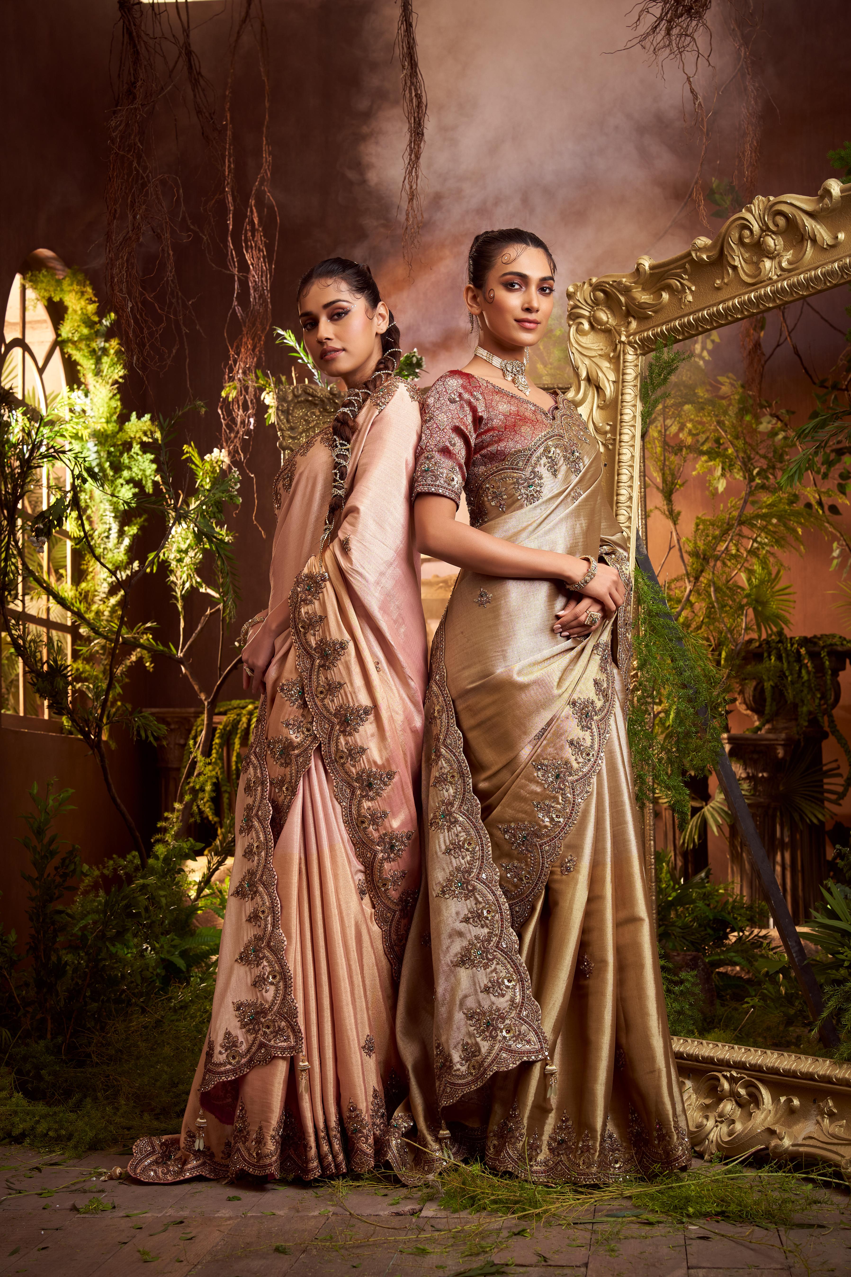 Bronze Gold Embellished Shimmer Tissue Silk Saree - Image 2