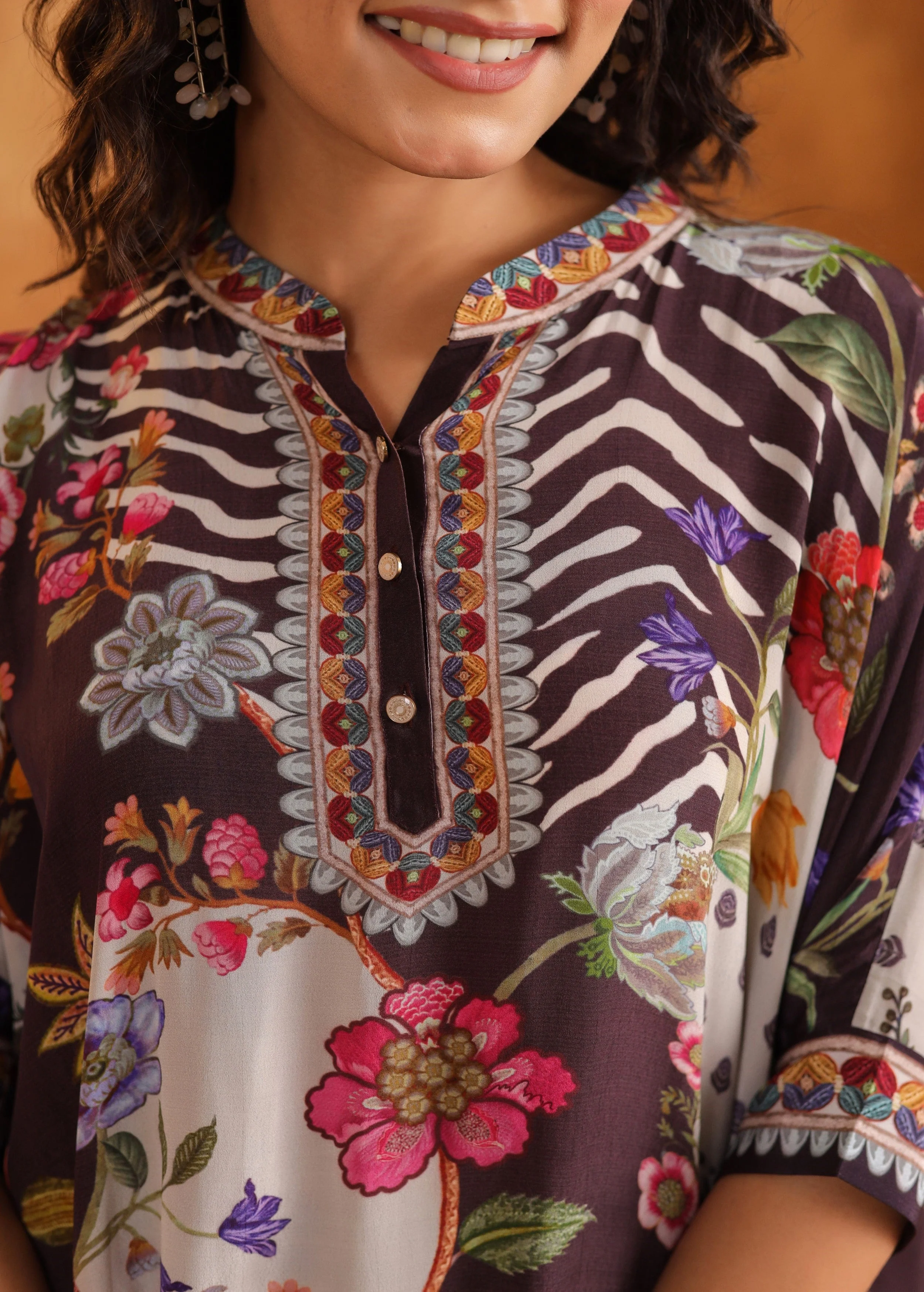 Brown Multi-Print Viscose Crepe Co-Ord Set - Image 2