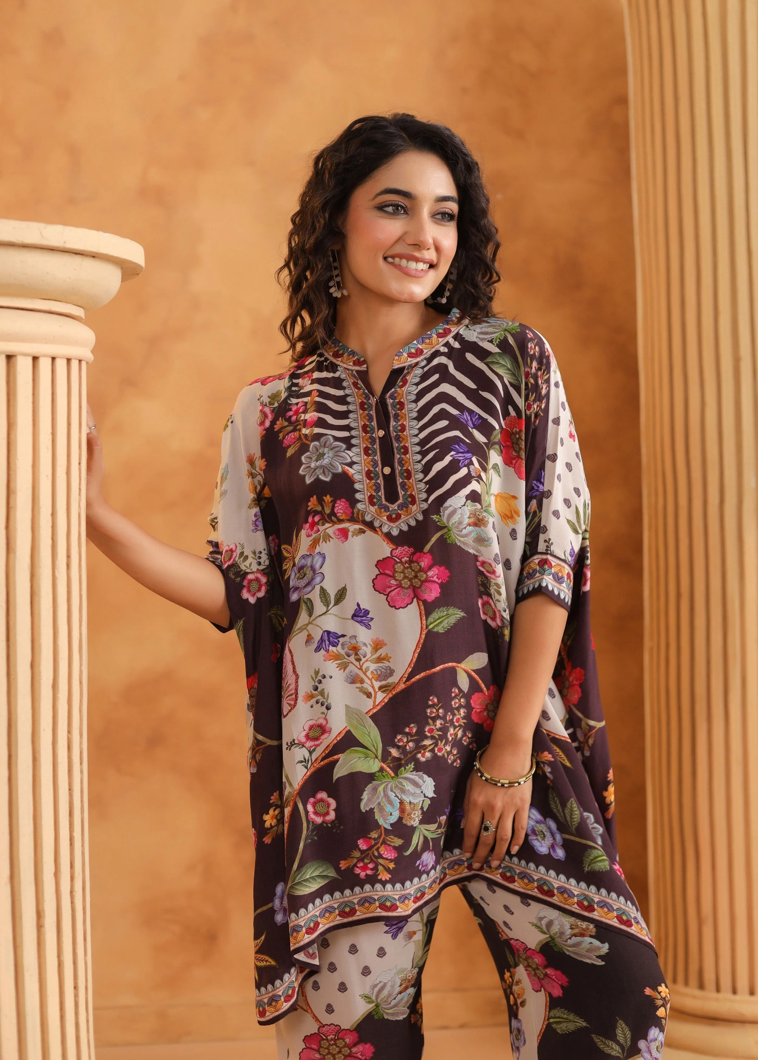 Brown Multi-Print Viscose Crepe Co-Ord Set - Image 3
