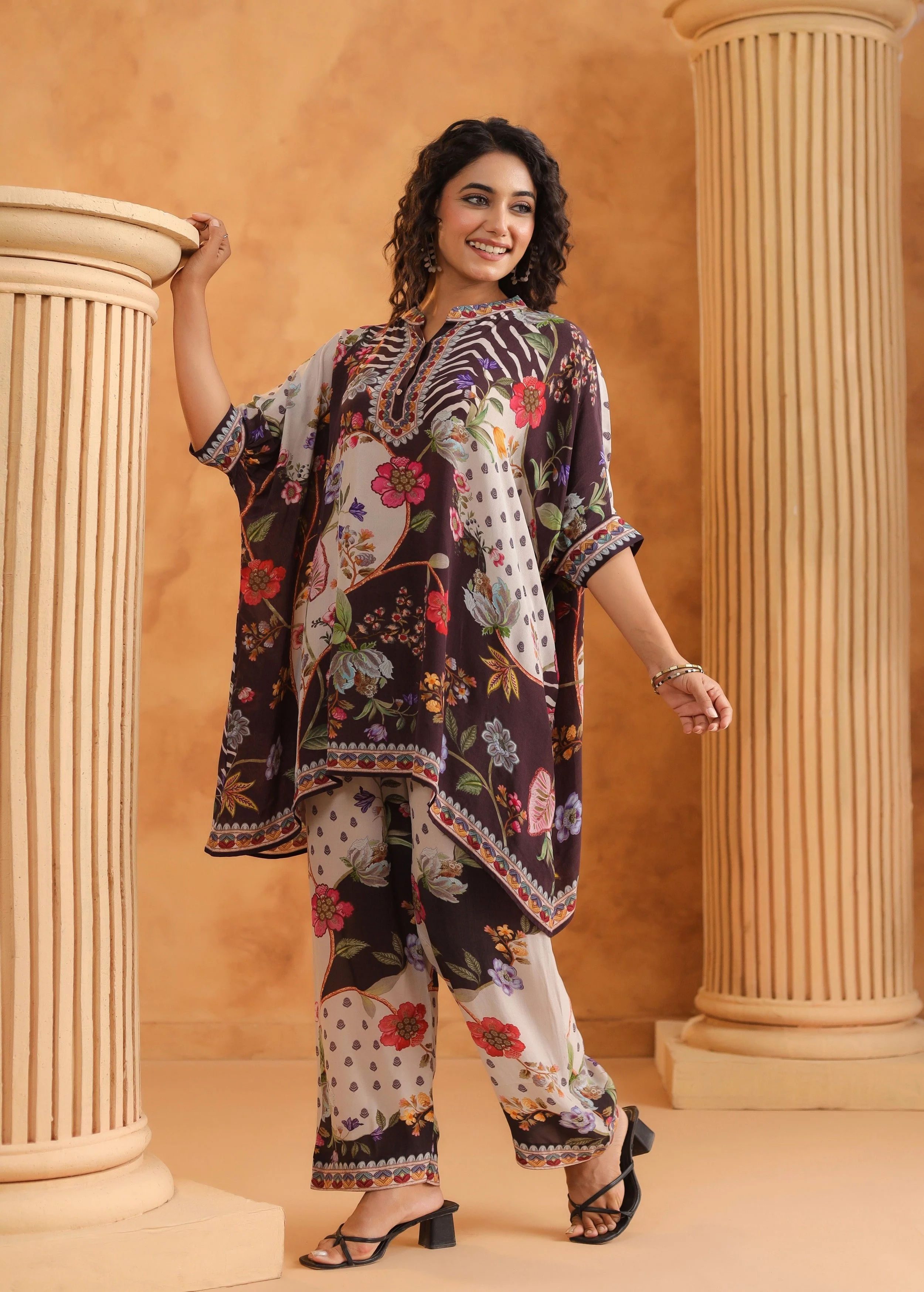 Brown Multi-Print Viscose Crepe Co-Ord Set - Image 4
