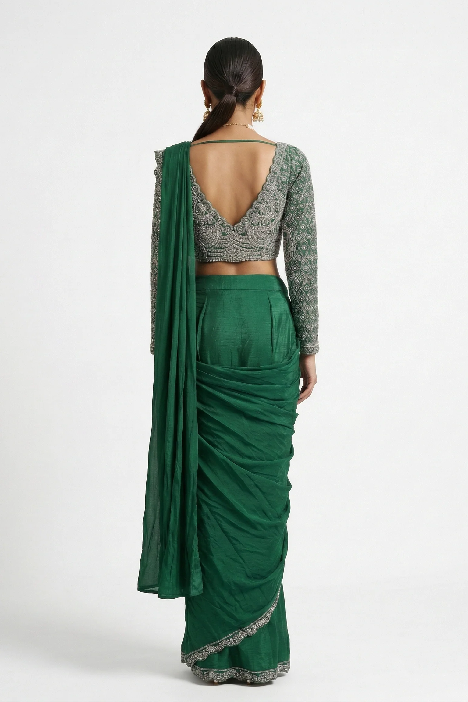 Brunswick Green Embellished Tissue Silk Draped Saree - Image 2