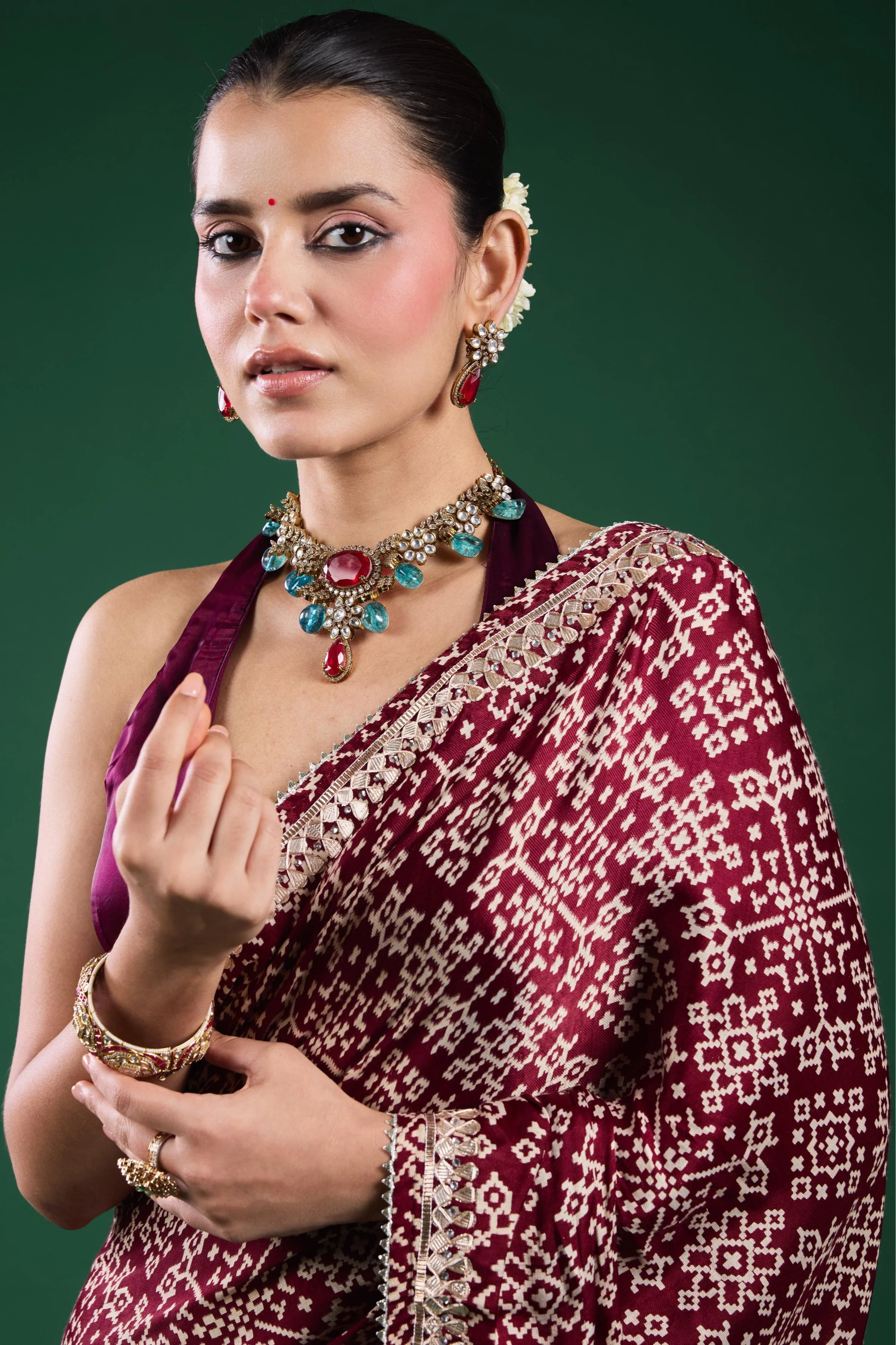 Burgundy Ajrakh Printed Modal Silk Saree - Image 10