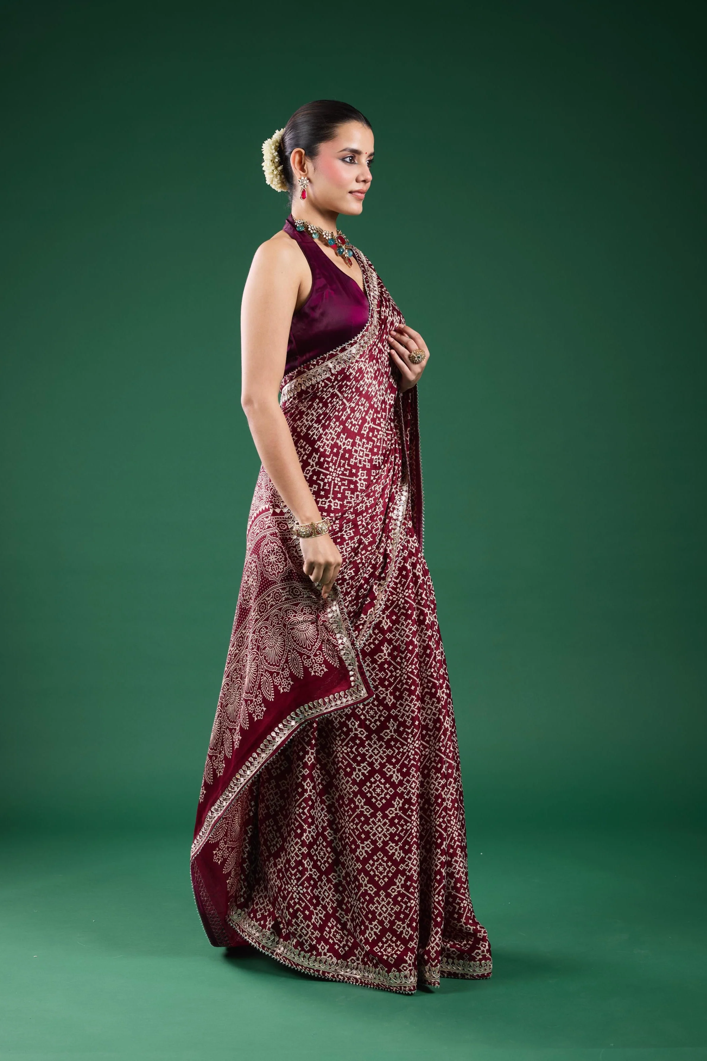 Burgundy Ajrakh Printed Modal Silk Saree - Image 3