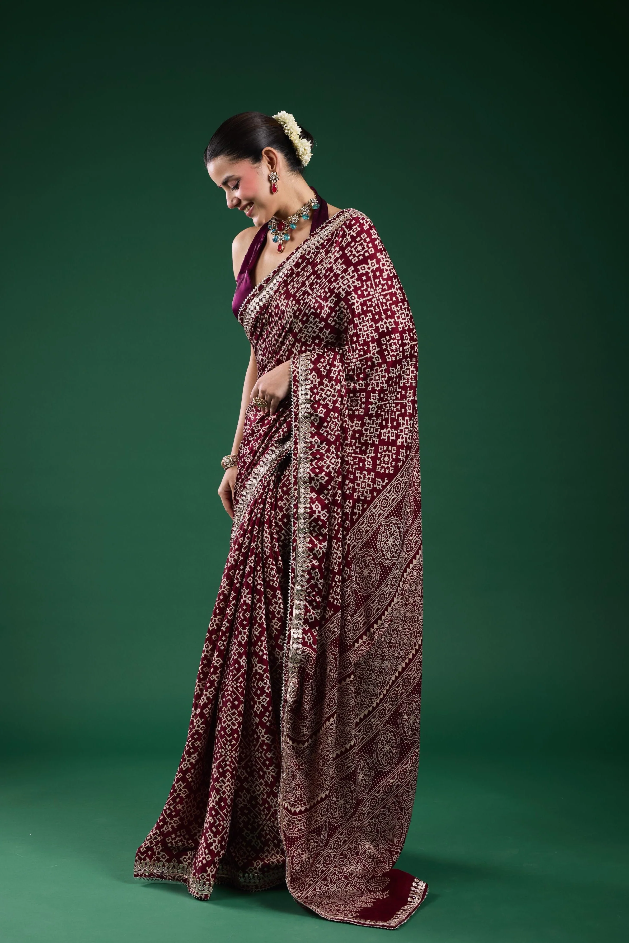 Burgundy Ajrakh Printed Modal Silk Saree - Image 4