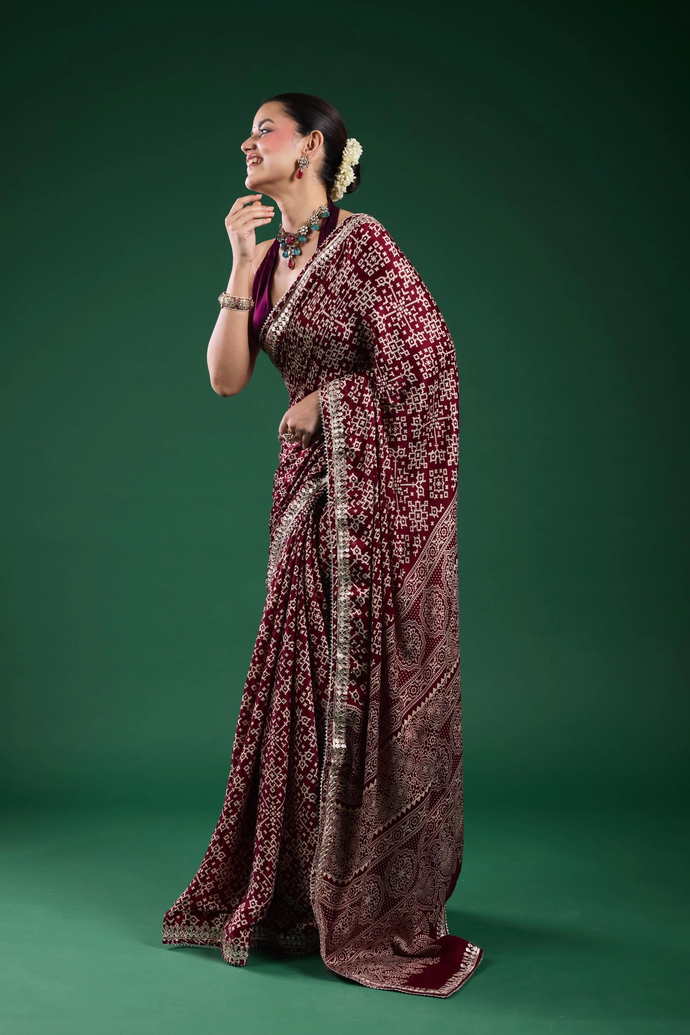 Burgundy Ajrakh Printed Modal Silk Saree - Image 5