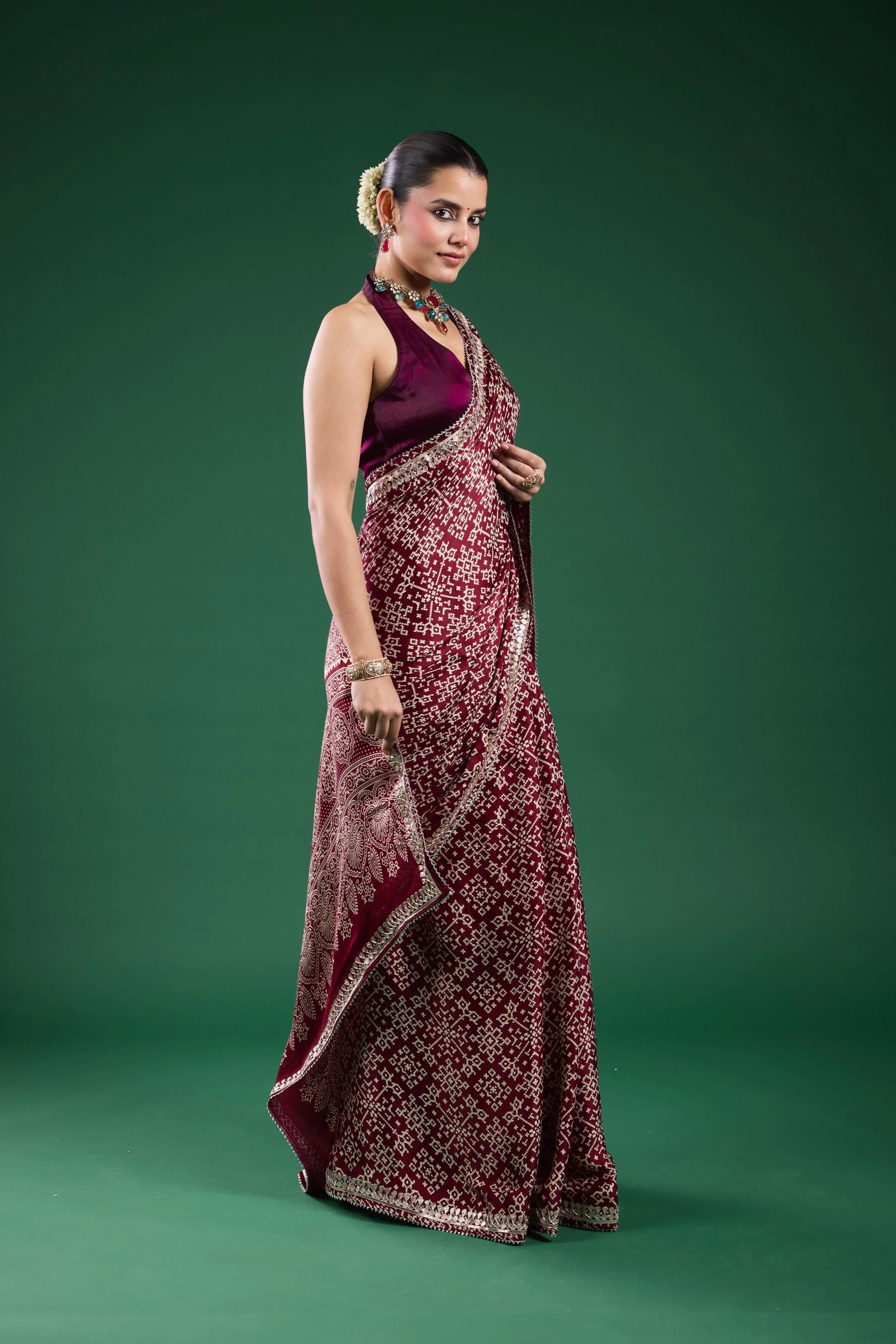Burgundy Ajrakh Printed Modal Silk Saree - Image 6