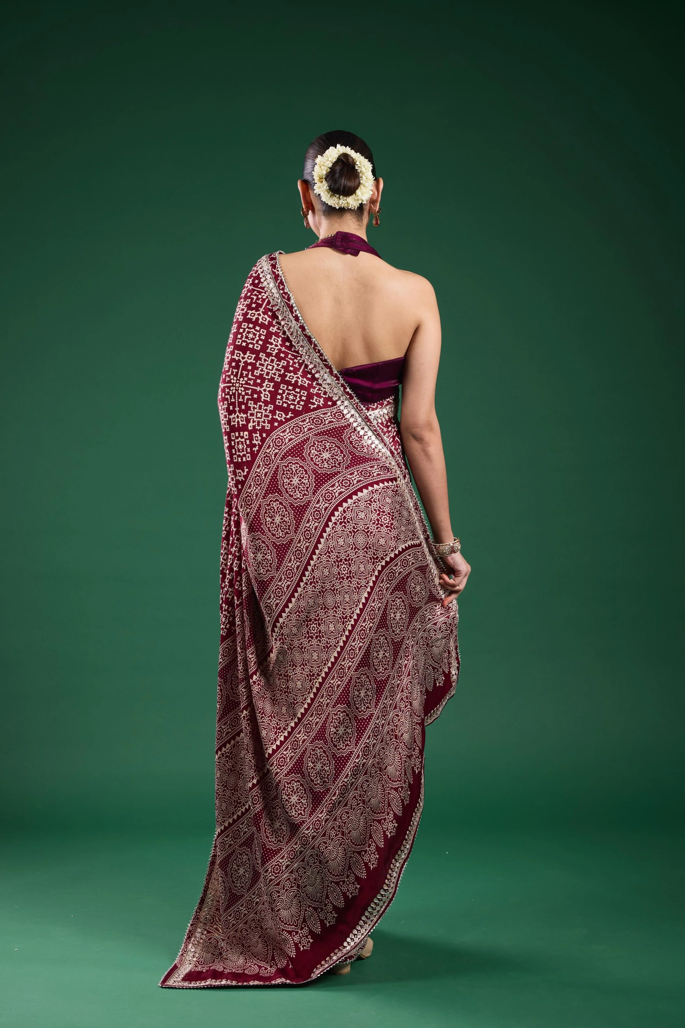 Burgundy Ajrakh Printed Modal Silk Saree - Image 7