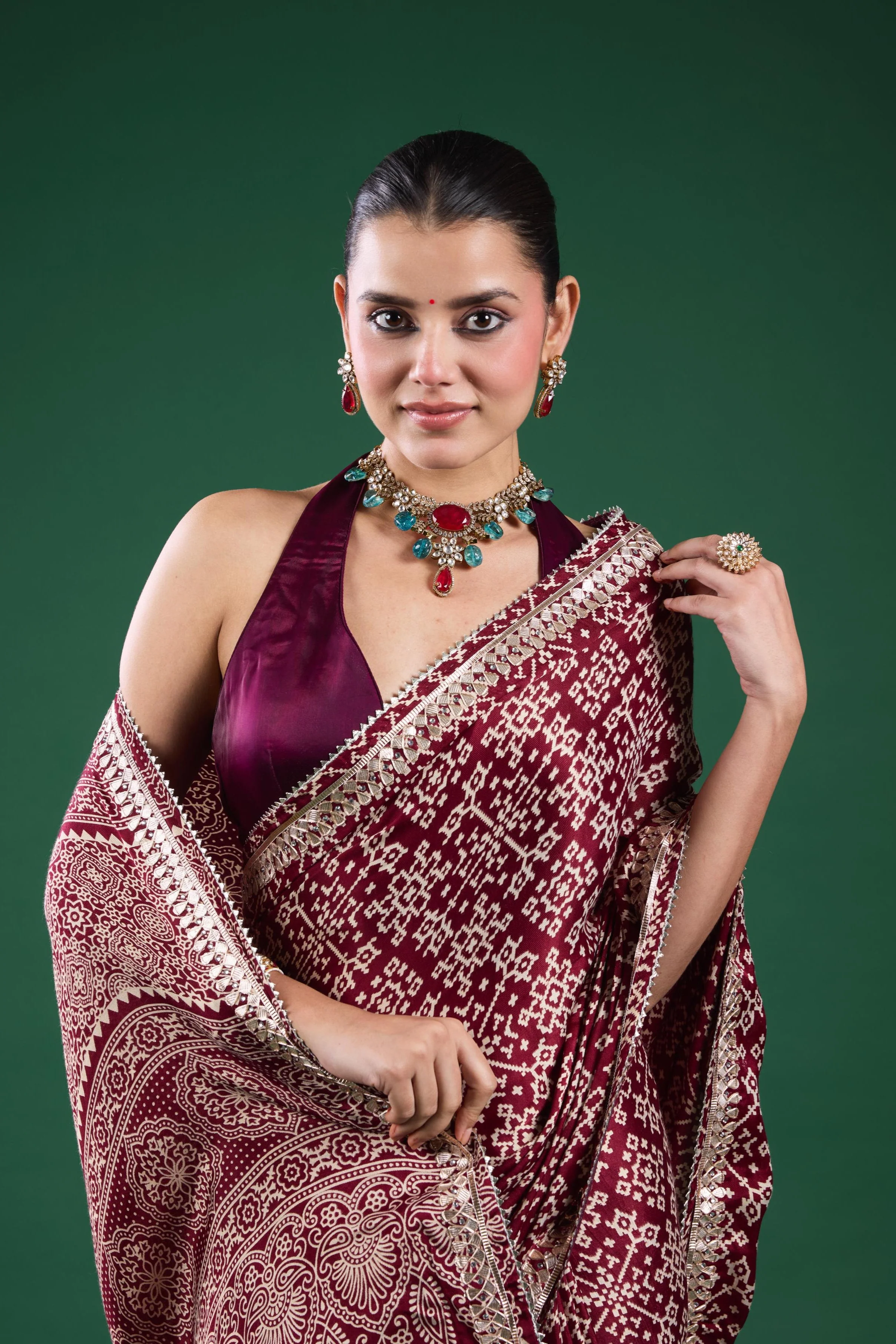 Burgundy Ajrakh Printed Modal Silk Saree - Image 8