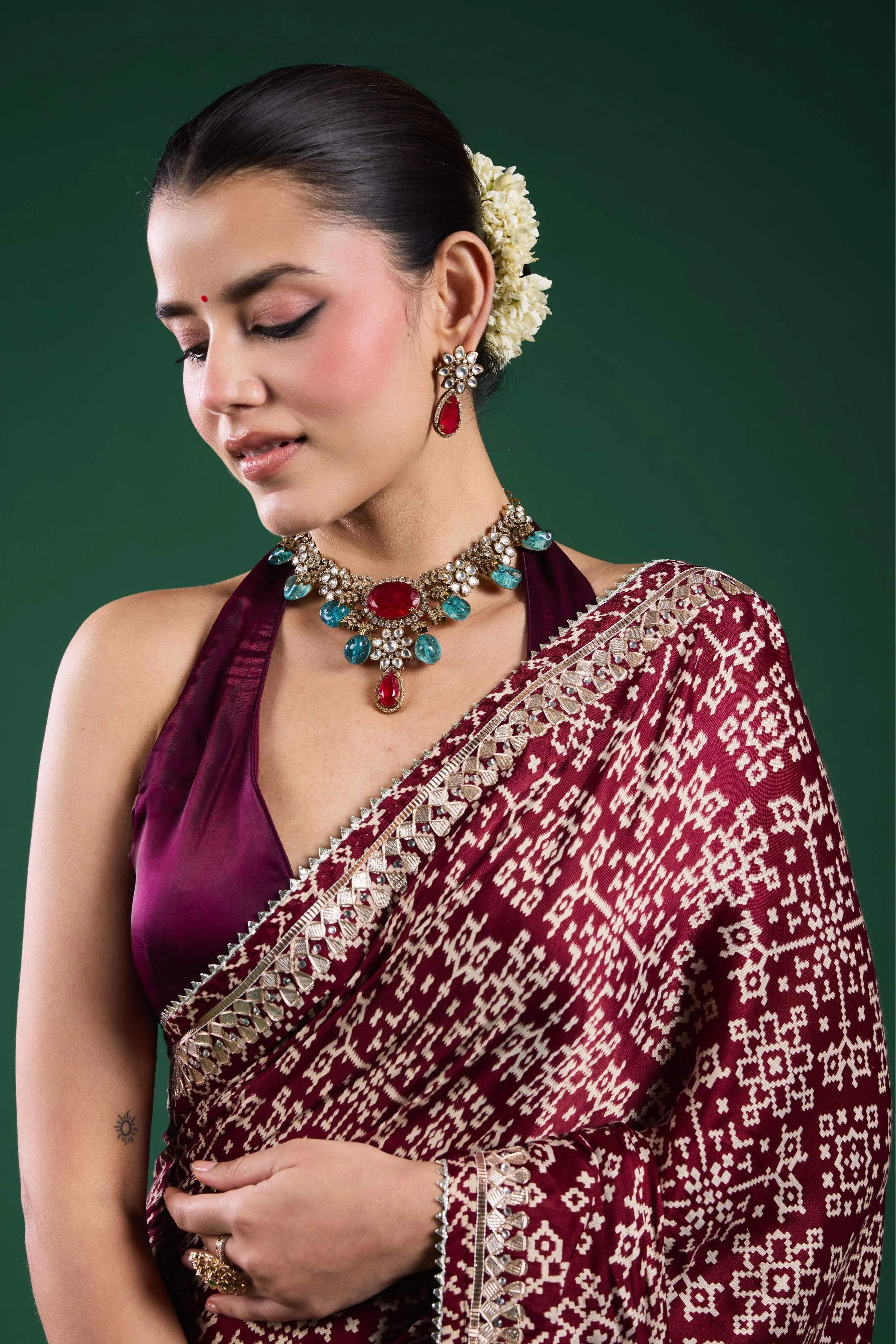 Burgundy Ajrakh Printed Modal Silk Saree - Image 9