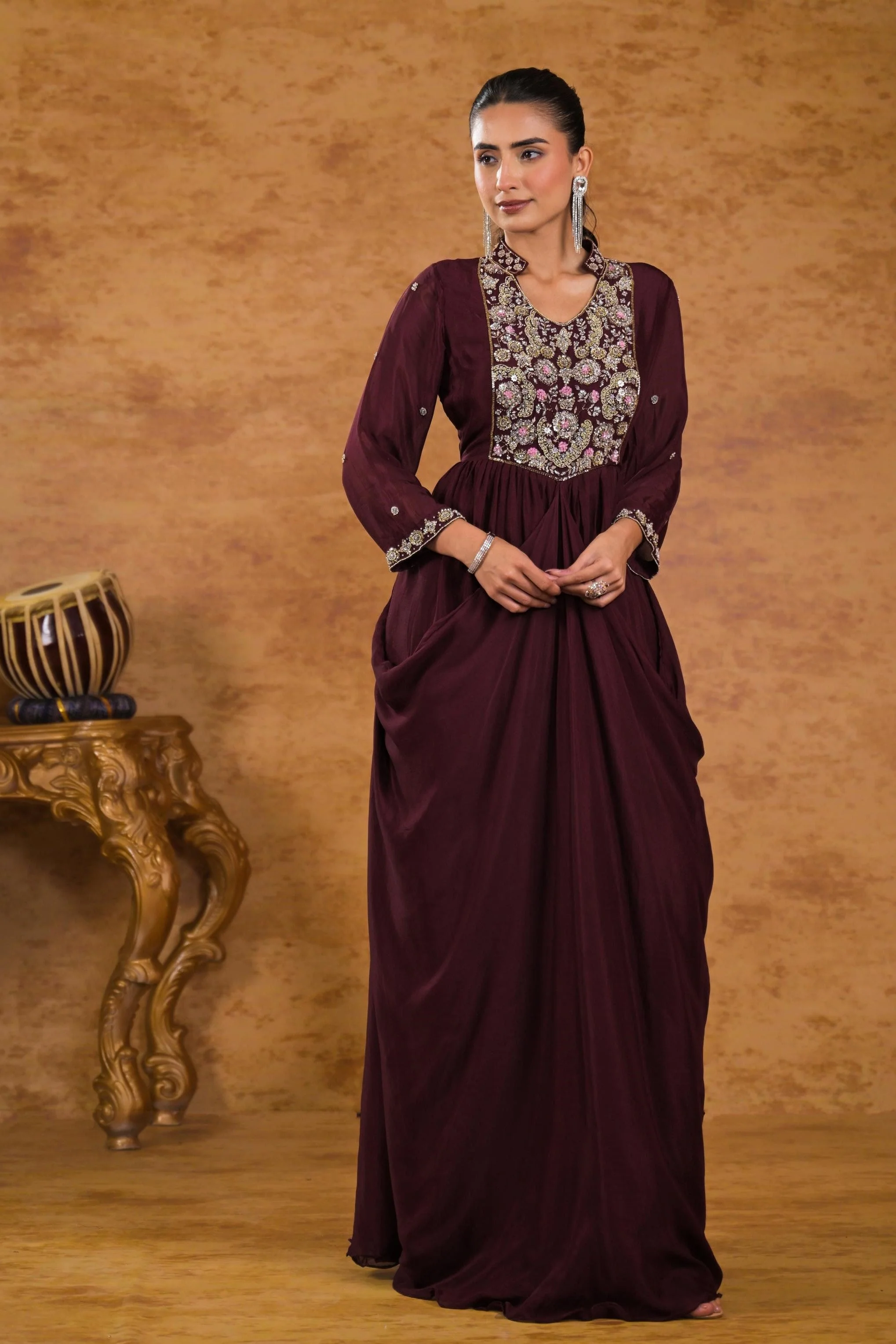 Burgundy Embellished Chinon Silk Gown - Image 3