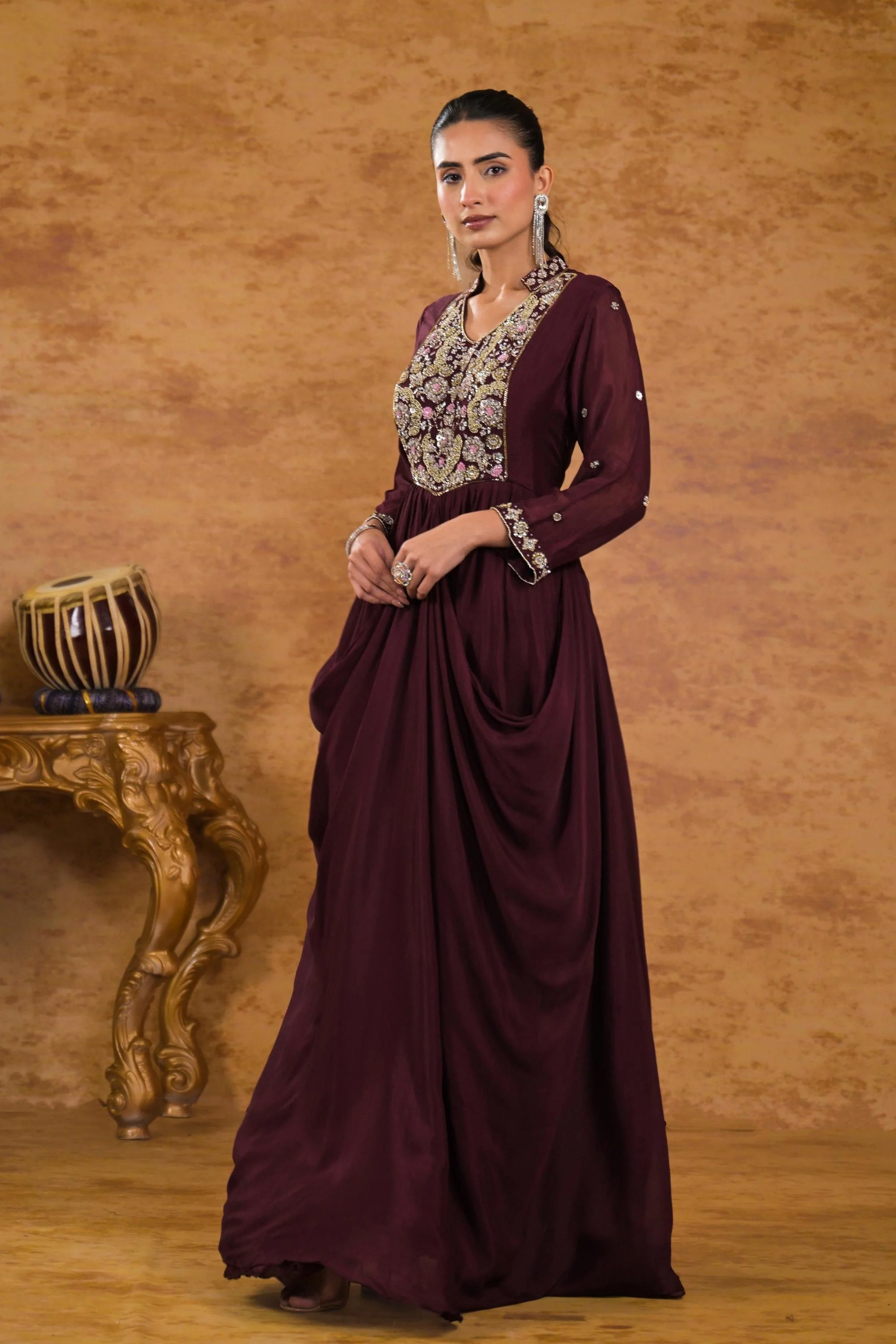 Burgundy Embellished Chinon Silk Gown - Image 4