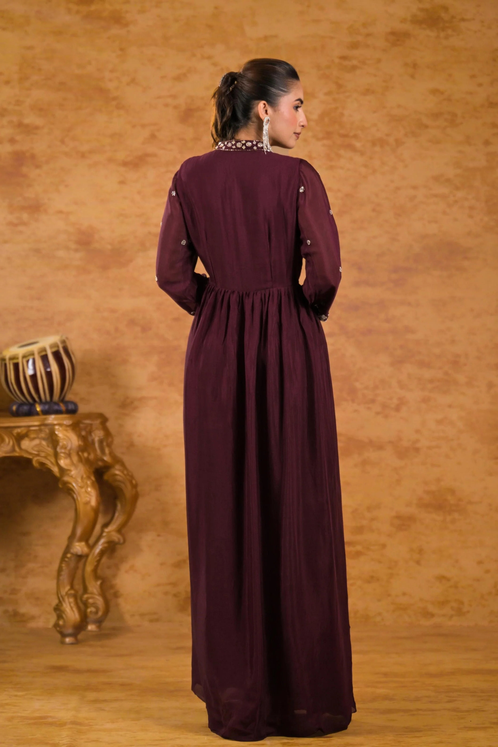 Burgundy Embellished Chinon Silk Gown - Image 5