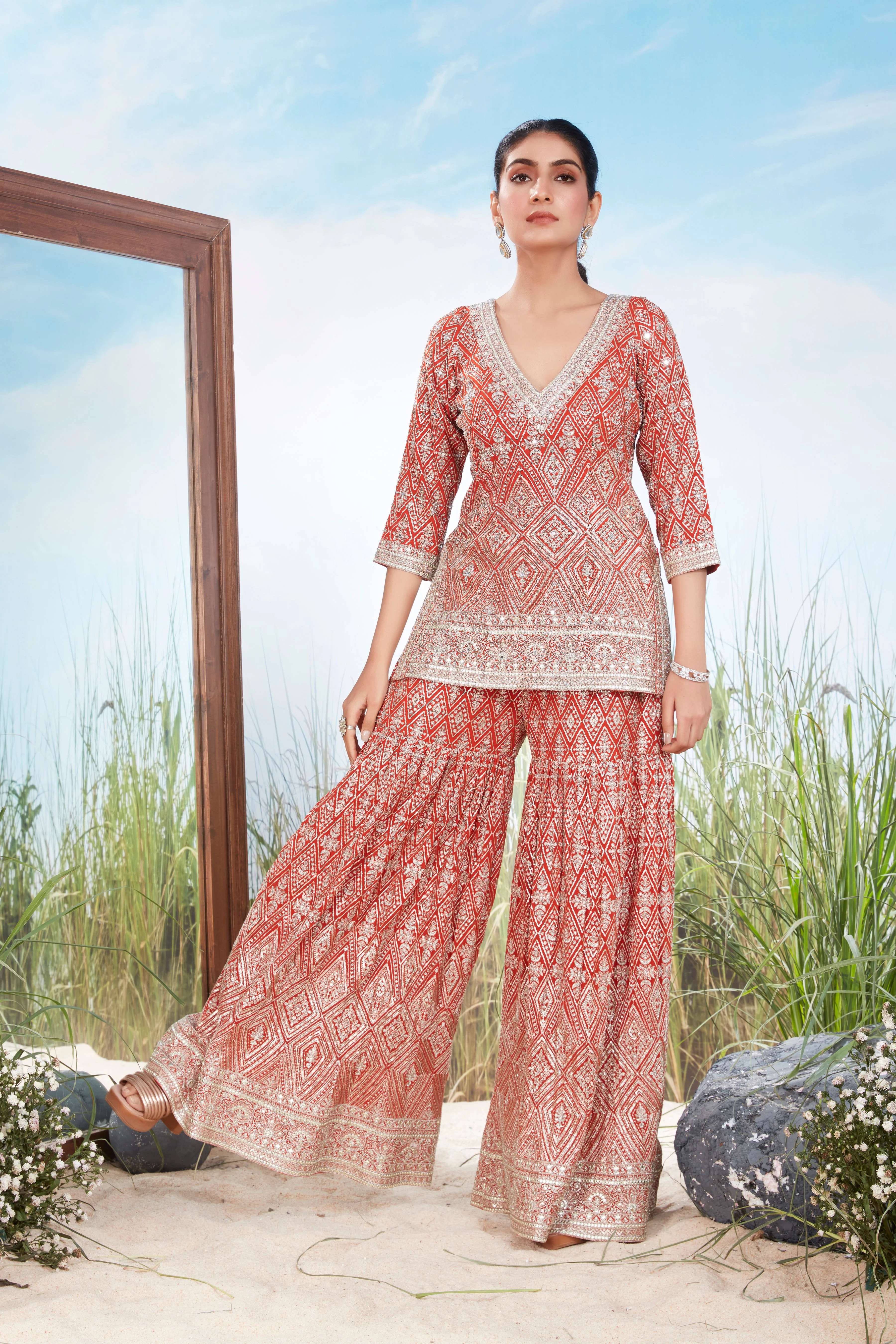 Rust Orange Embellished Georgette Silk Sharara Set - Image 2