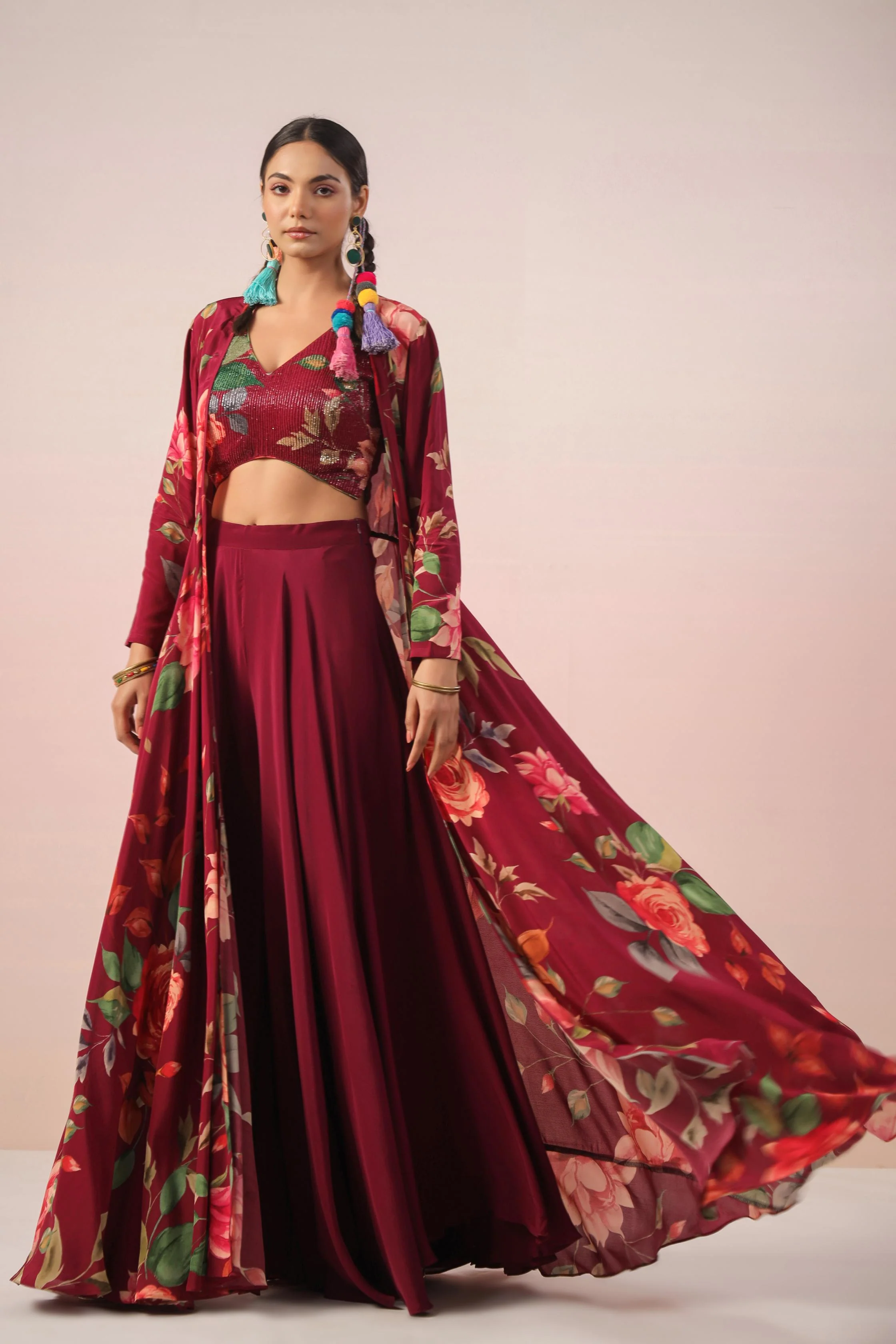 Burgundy Floral Printed Crepe Silk Cape Set - Image 3