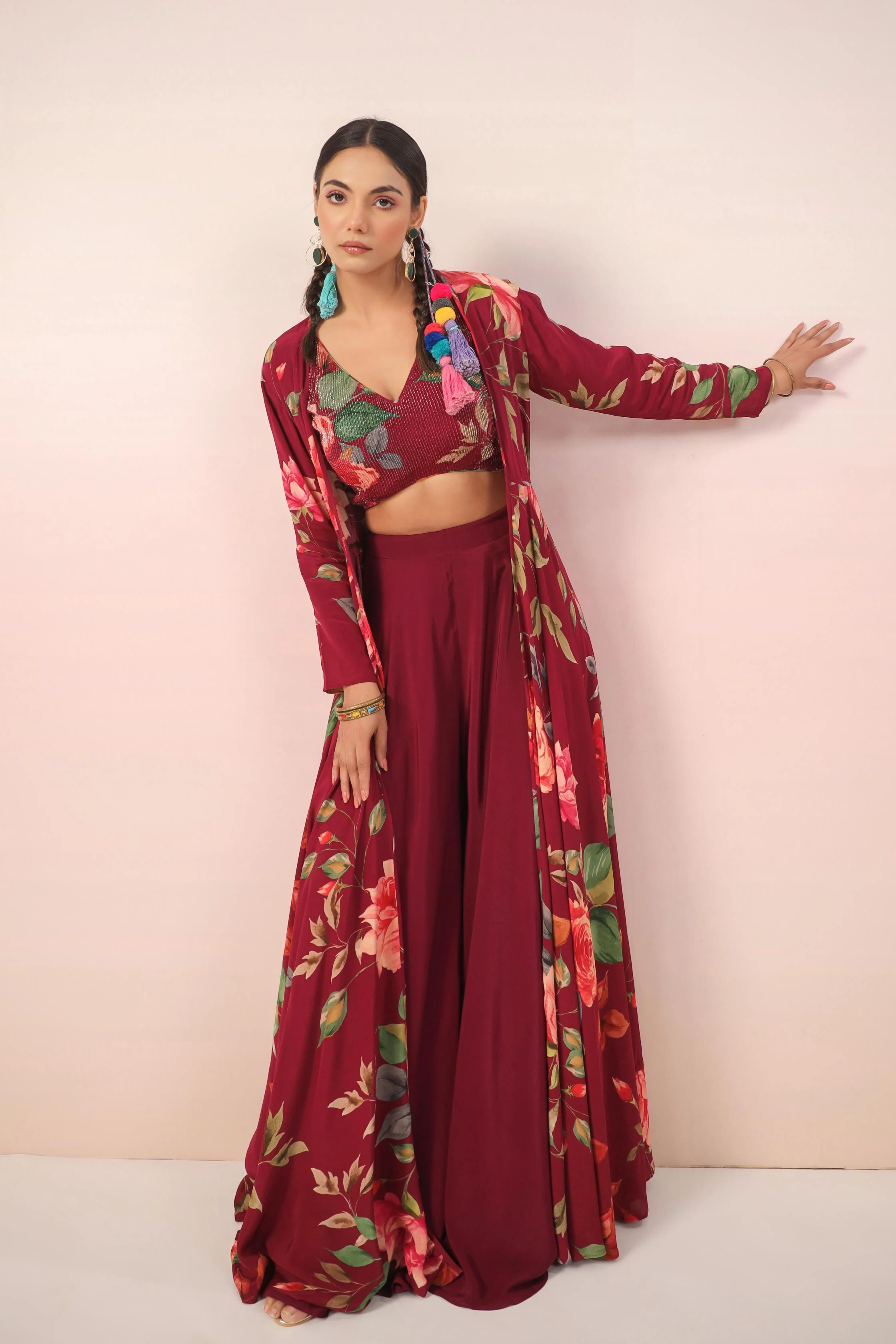 Burgundy Floral Printed Crepe Silk Cape Set - Image 4
