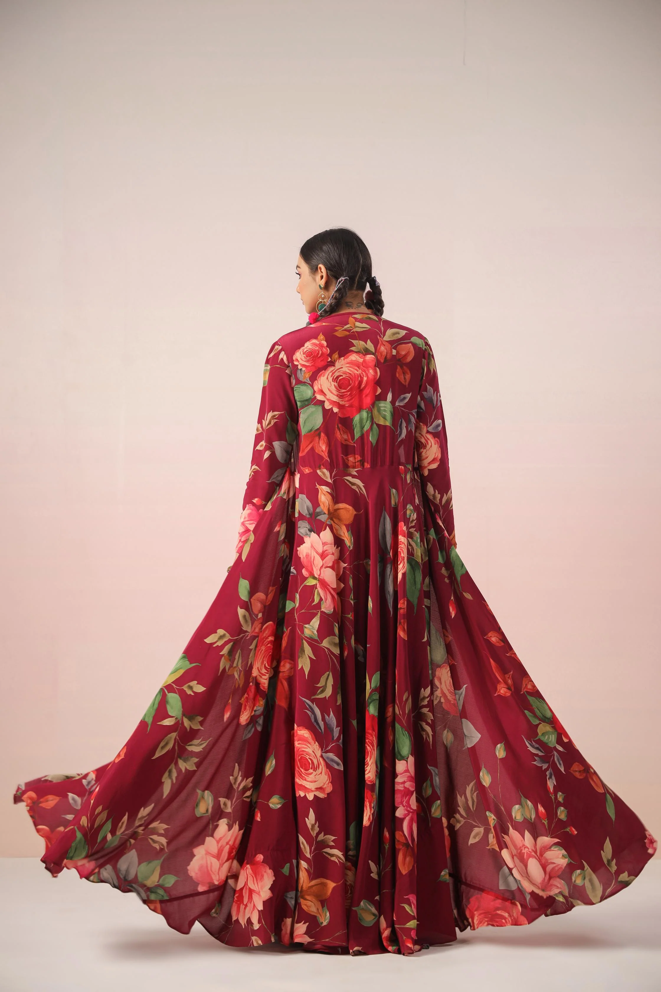 Burgundy Floral Printed Crepe Silk Cape Set - Image 5