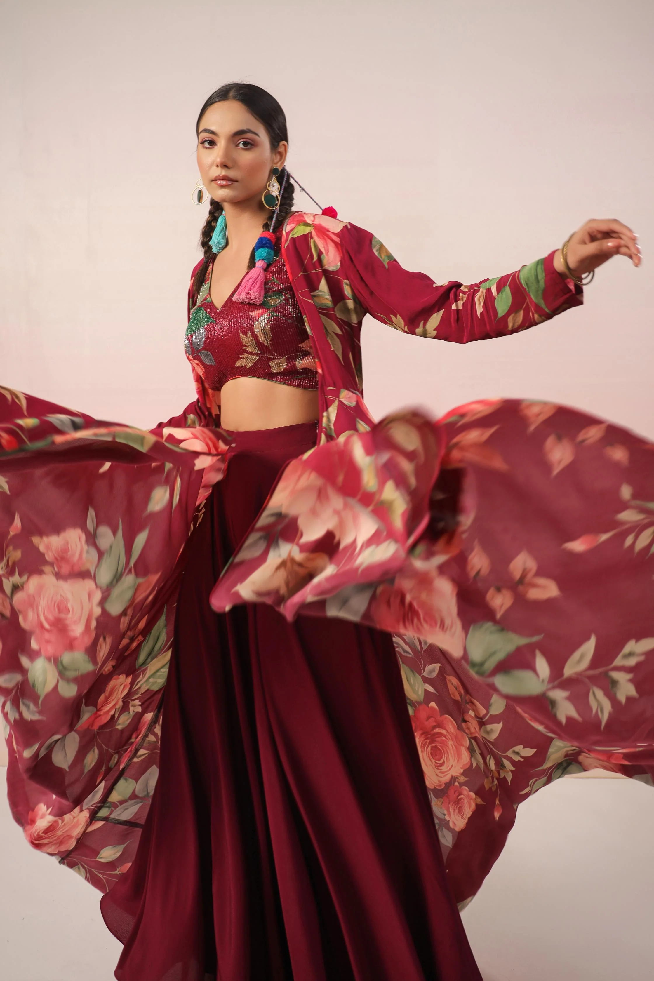 Burgundy Floral Printed Crepe Silk Cape Set - Image 6