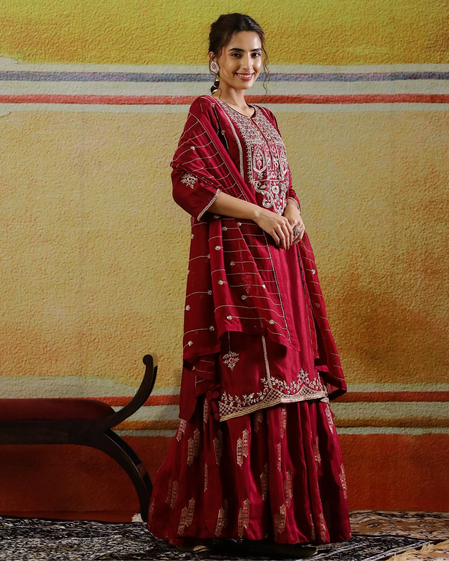 Burgundy Embellished Habutai Silk Kurta Set - Image 3