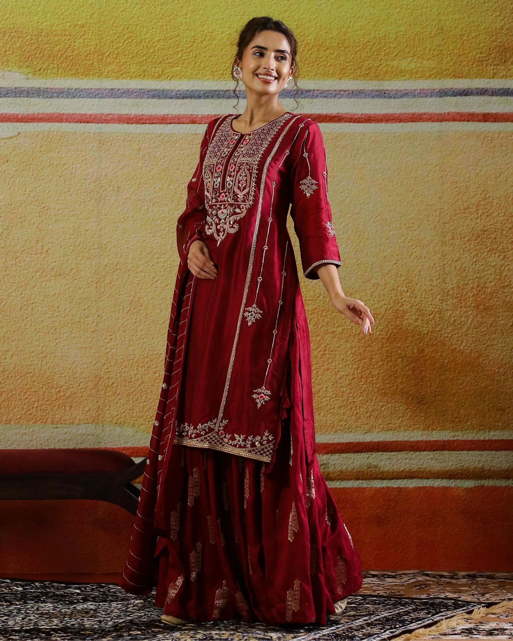 Burgundy Embellished Habutai Silk Kurta Set - Image 4