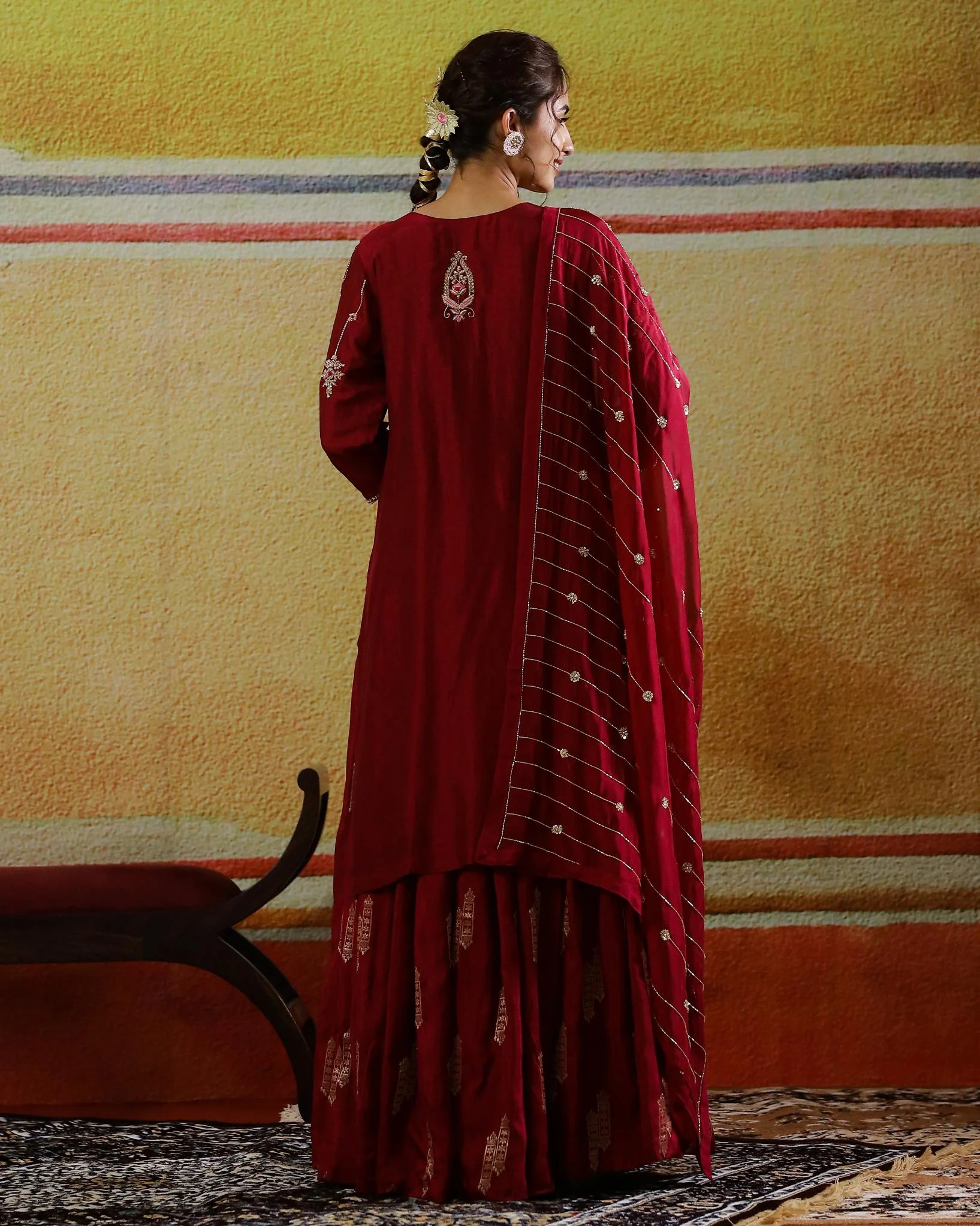 Burgundy Embellished Habutai Silk Kurta Set - Image 5
