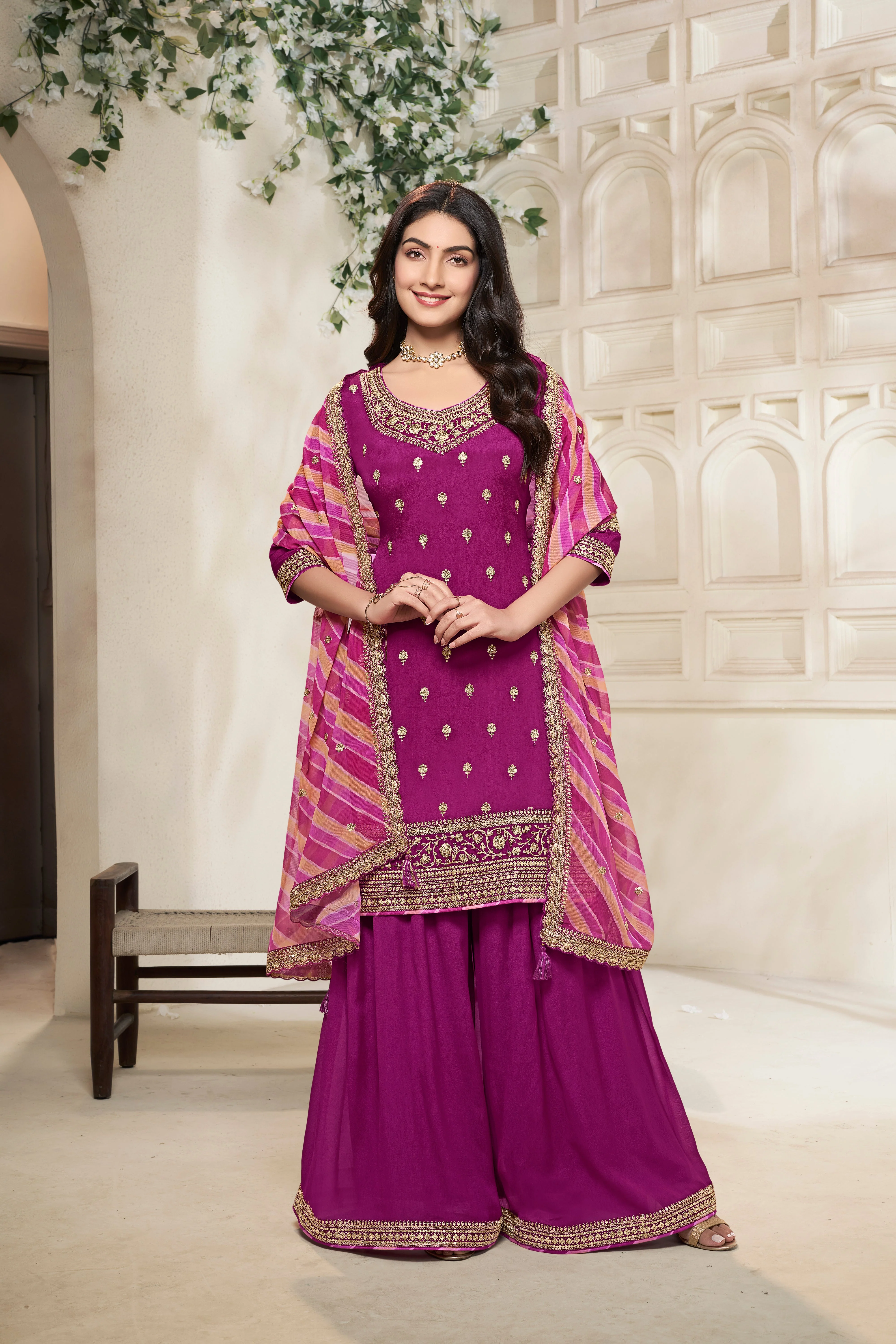 Dark Fuchsia Leheriya Kurta & Palazzo Set - Image 2