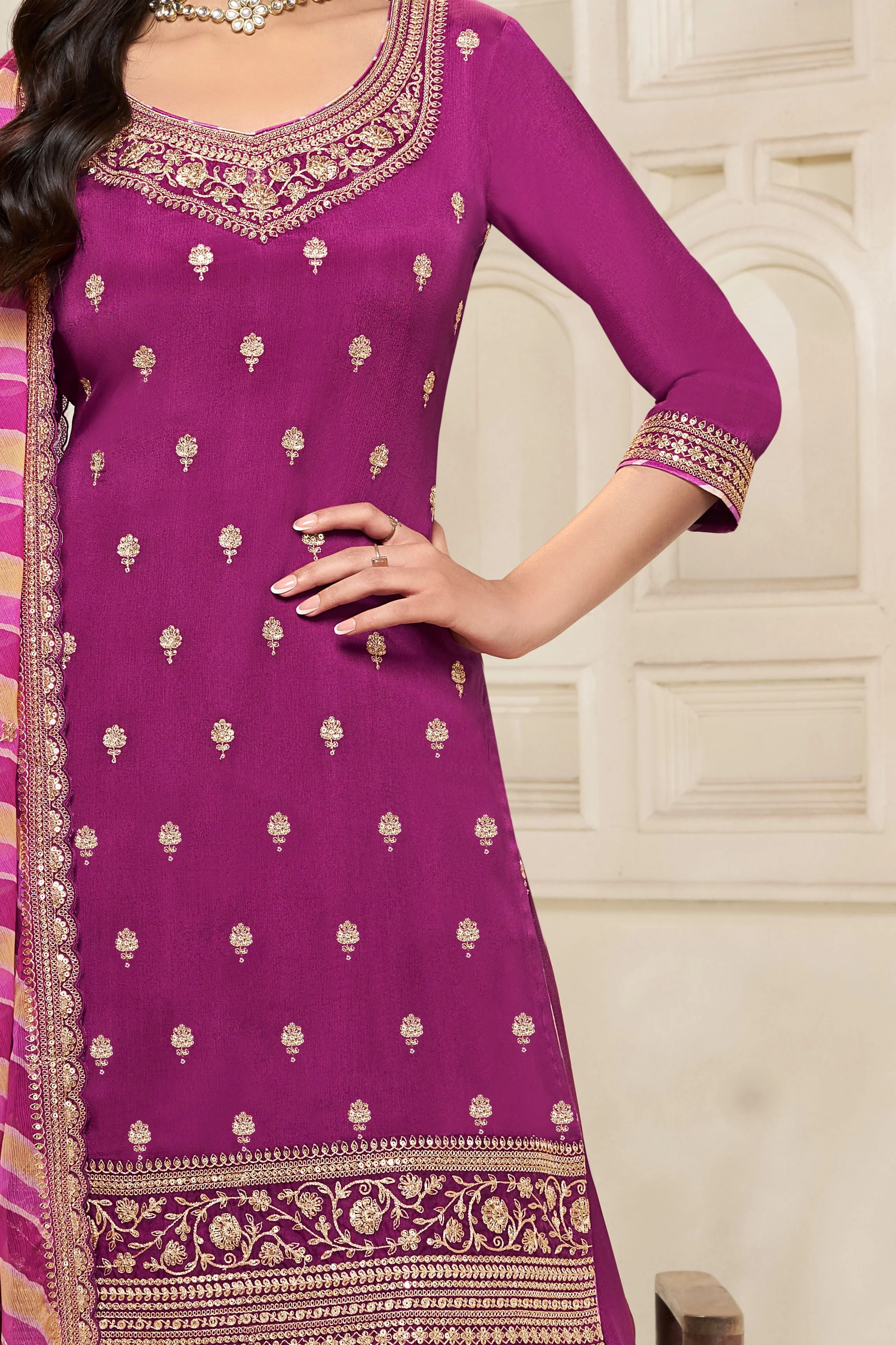 Dark Fuchsia Leheriya Kurta & Palazzo Set - Image 4