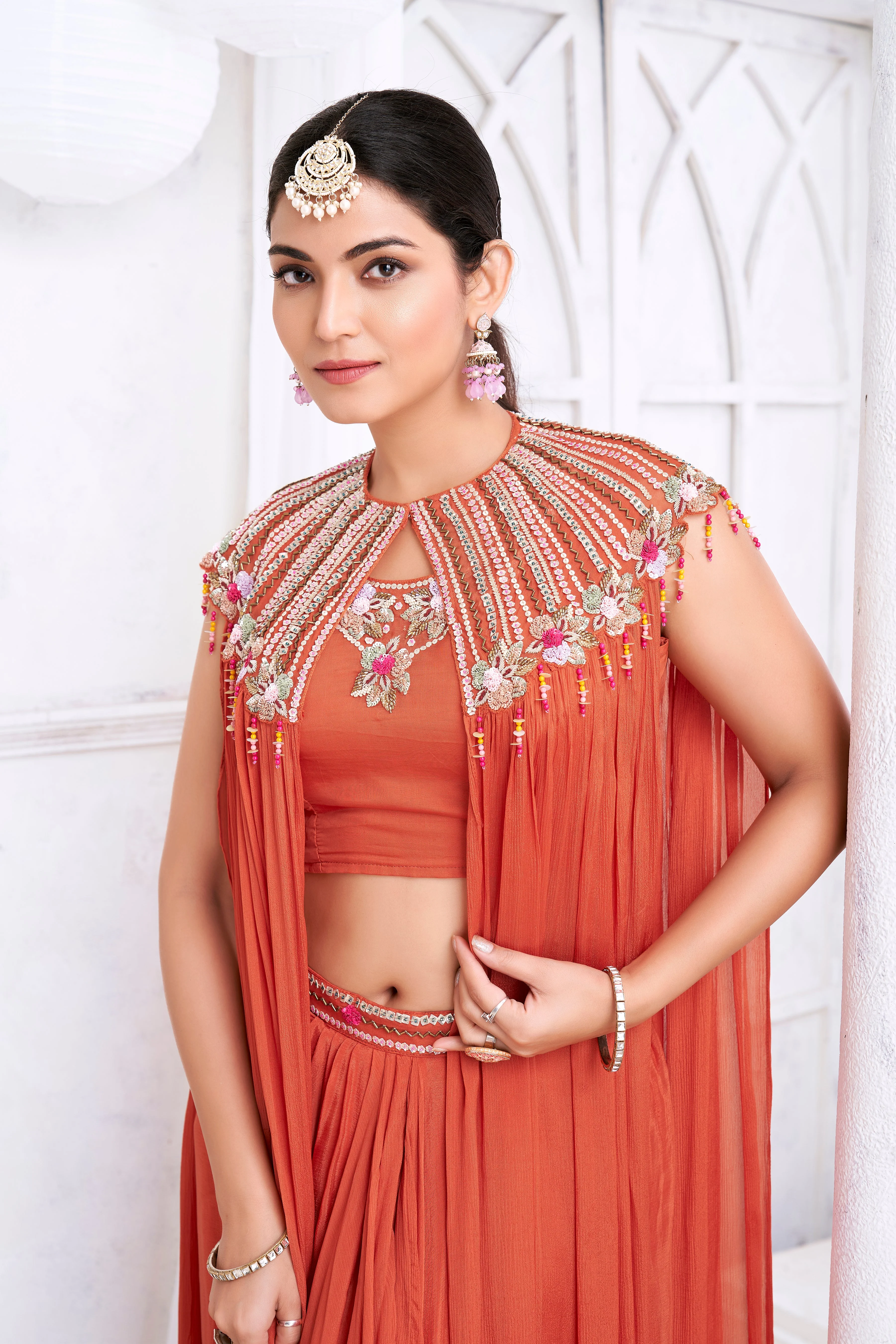 Burnt Orange Embellished Chinon Silk Cape Set - Image 2