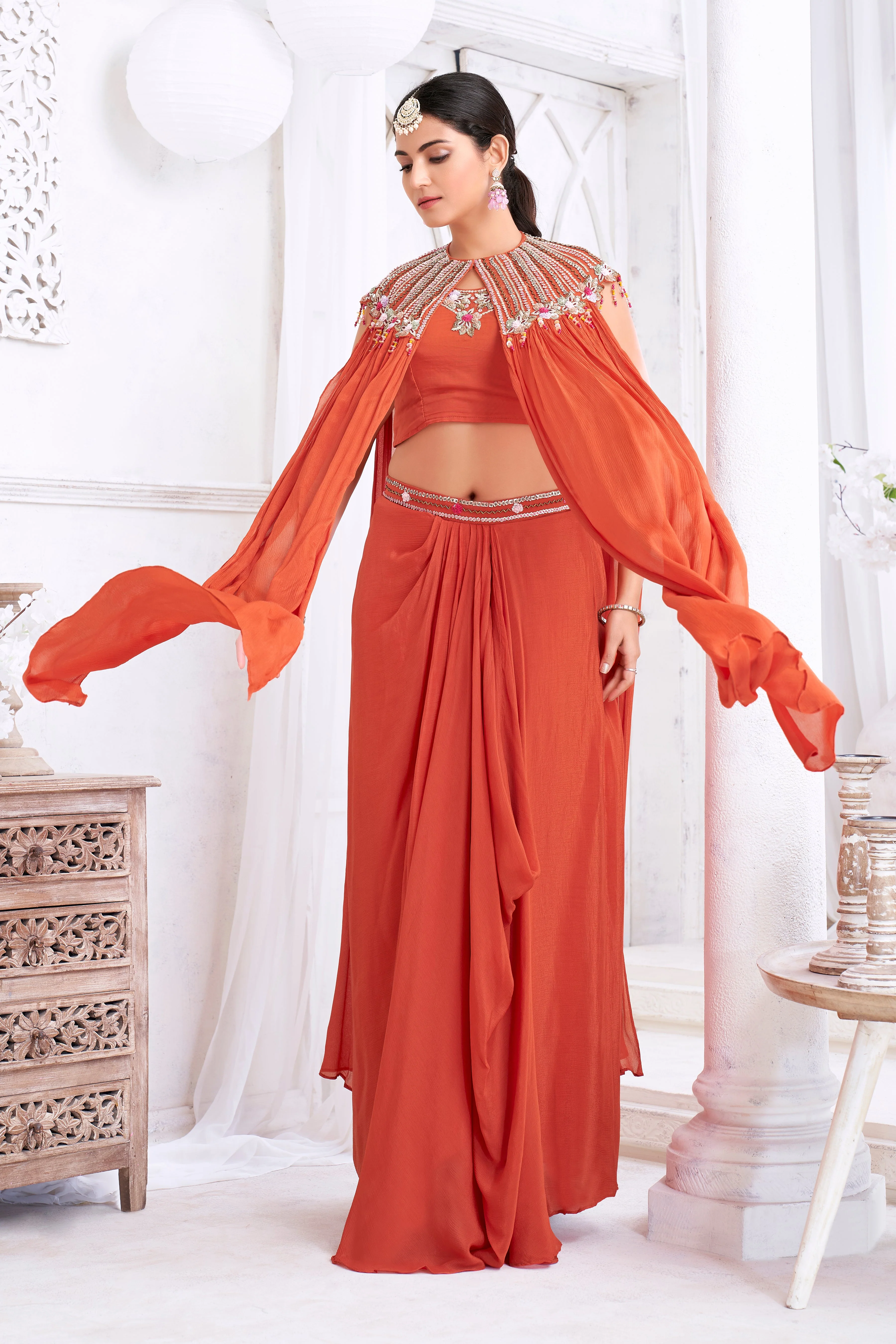 Burnt Orange Embellished Chinon Silk Cape Set - Image 3