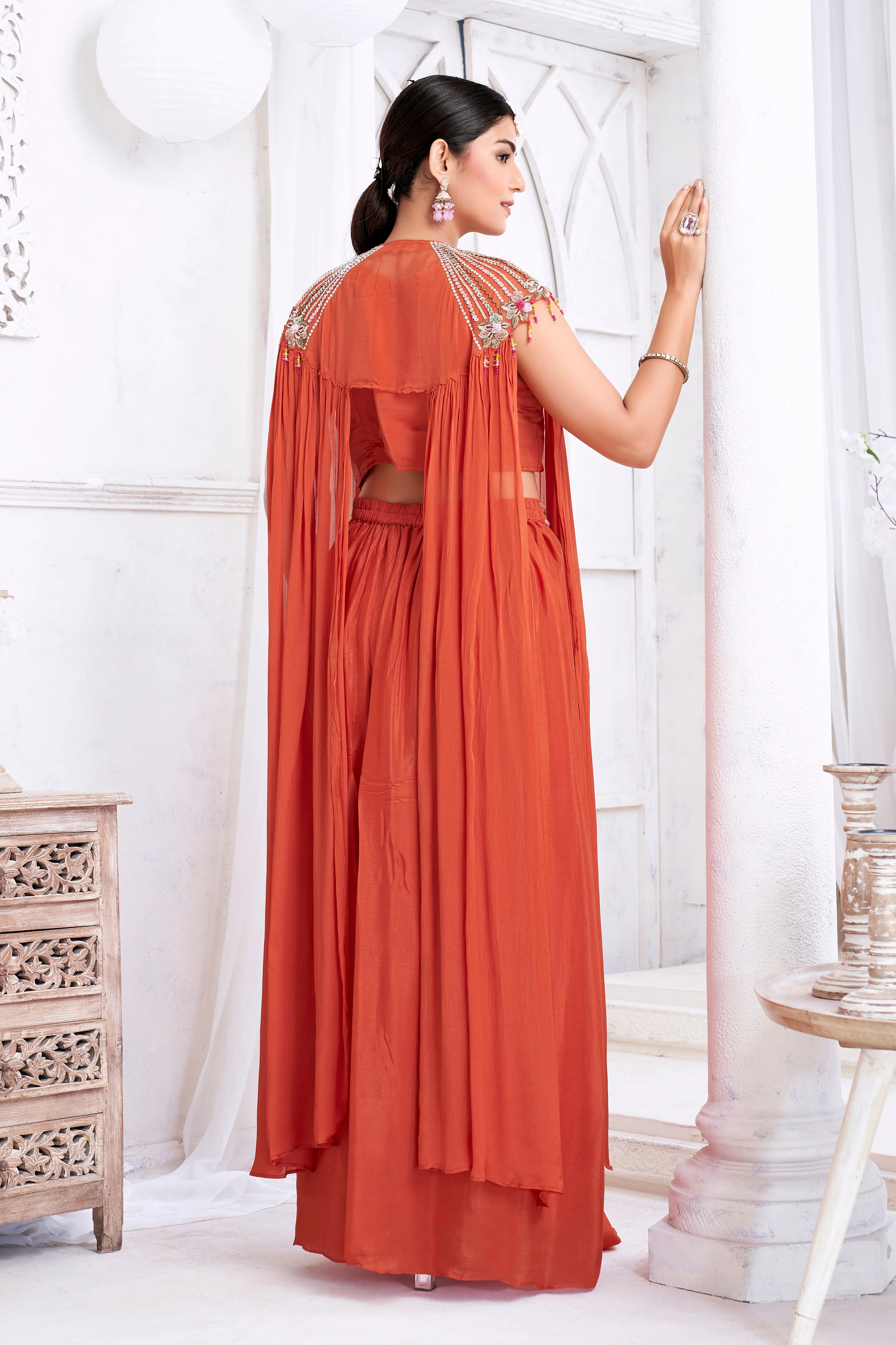 Burnt Orange Embellished Chinon Silk Cape Set - Image 4