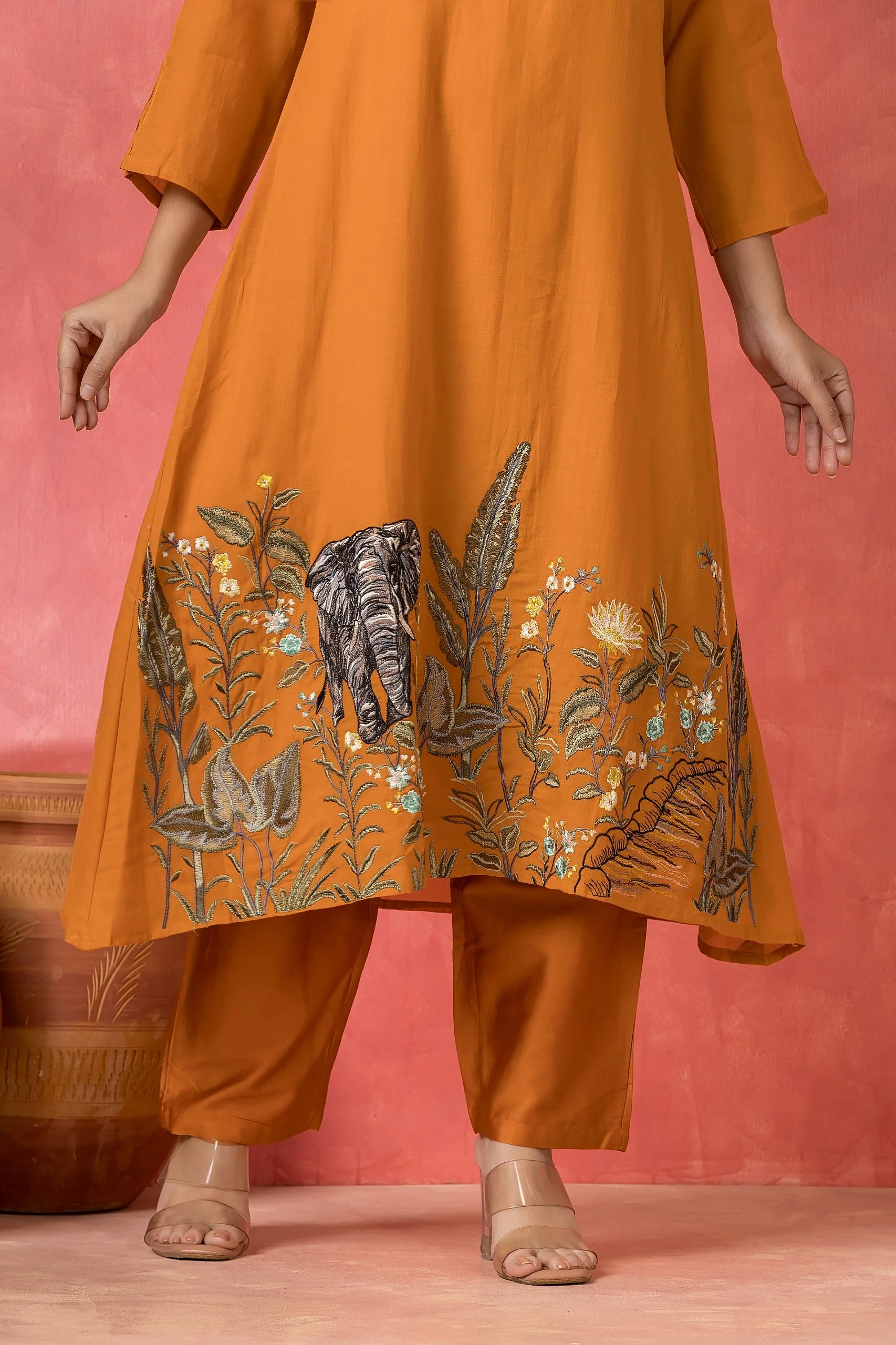 Burnt Orange Embellished Mul-Chanderi Silk Pant Set - Image 2
