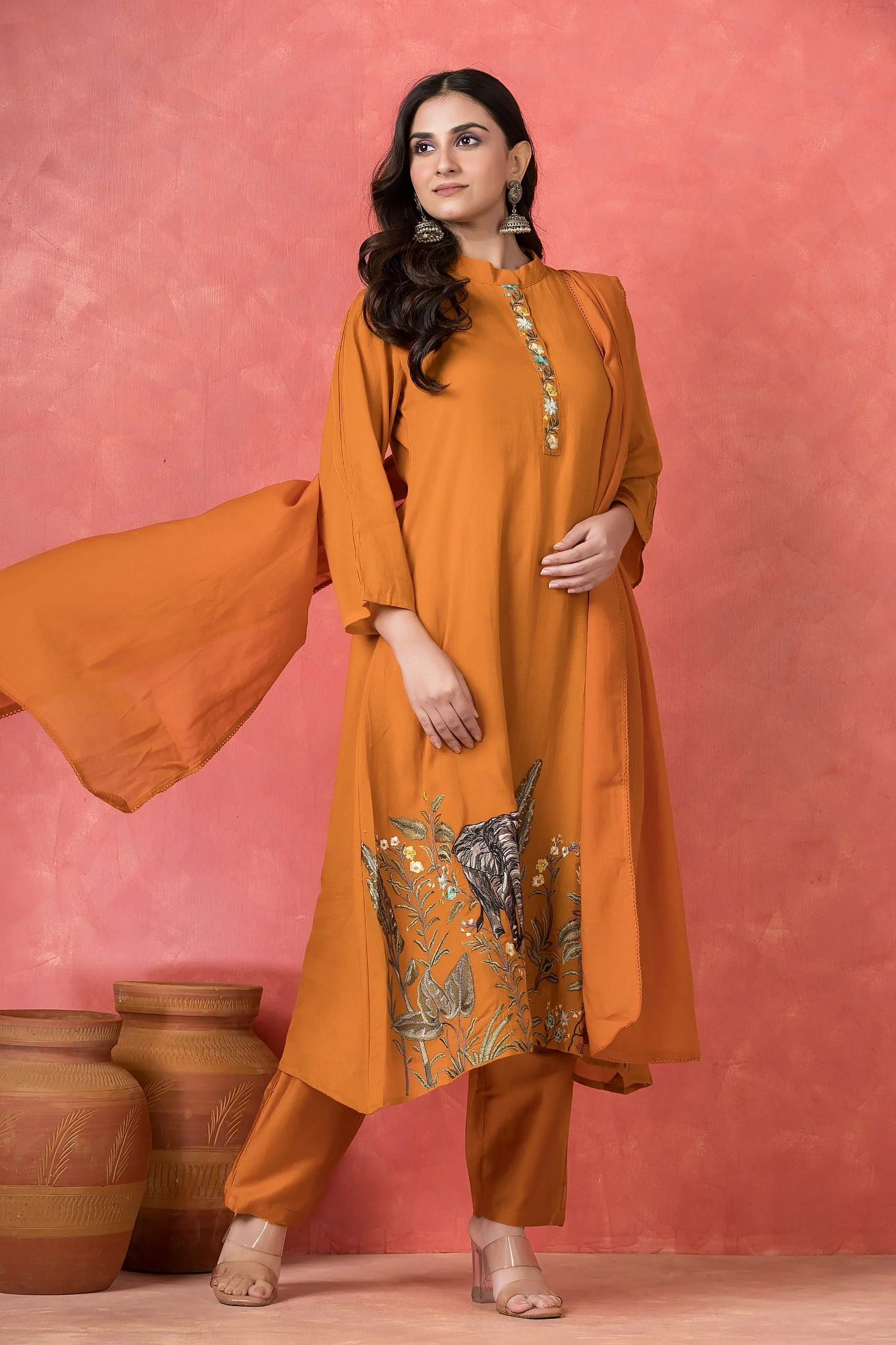 Burnt Orange Embellished Mul-Chanderi Silk Pant Set - Image 3