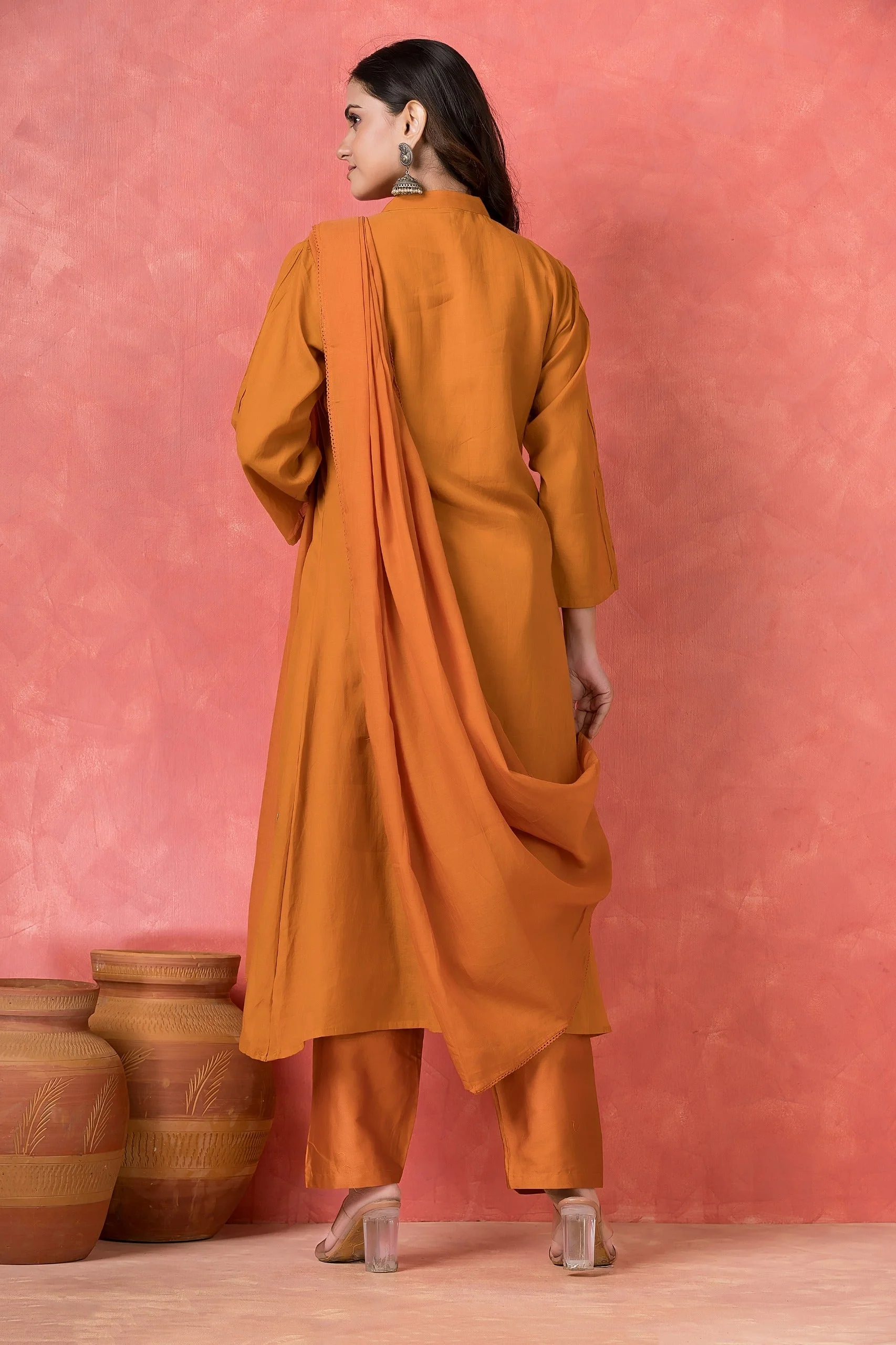 Burnt Orange Embellished Mul-Chanderi Silk Pant Set - Image 4