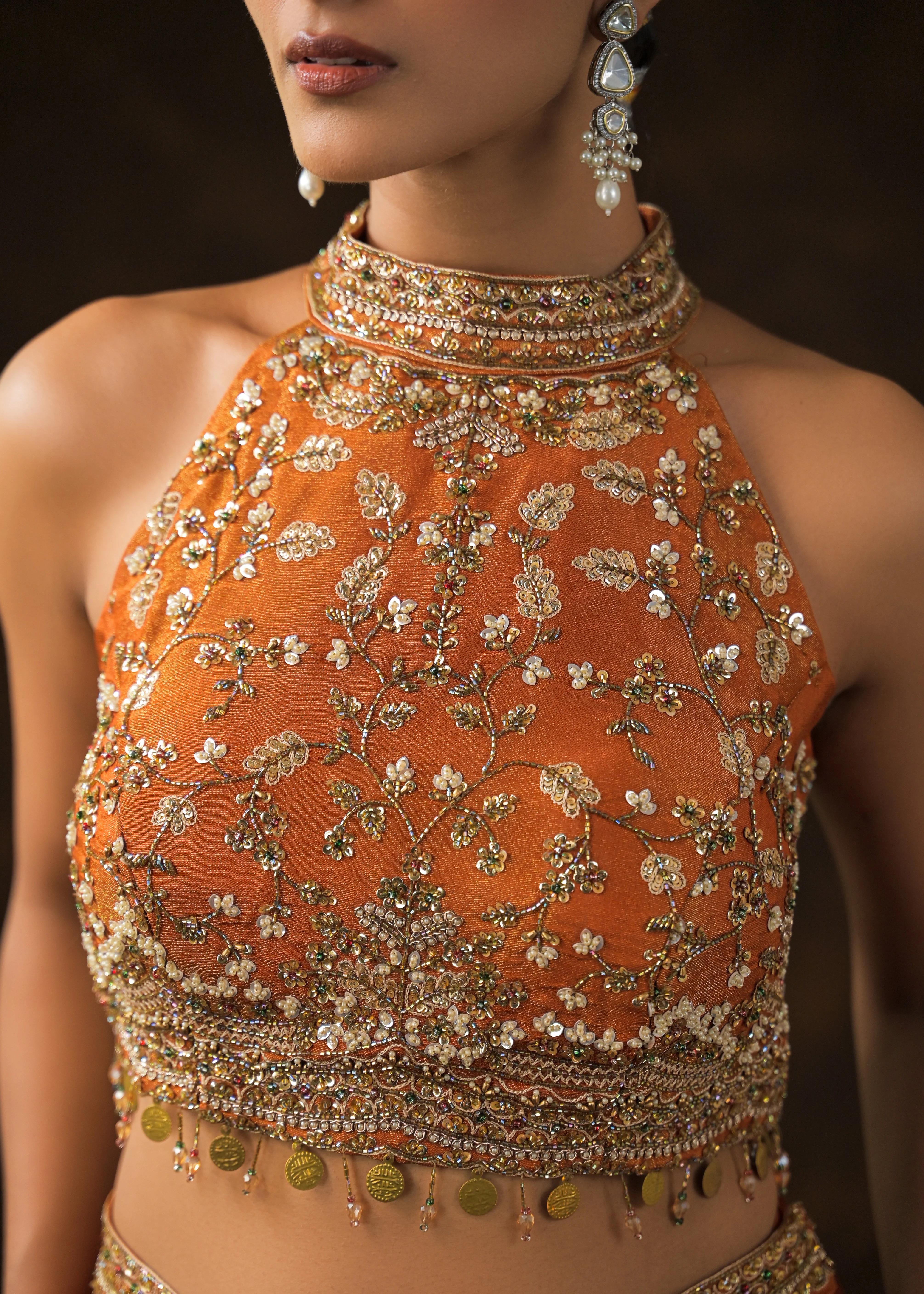 Burnt Orange Embellished Satin Silk Palazzo Set - Image 2