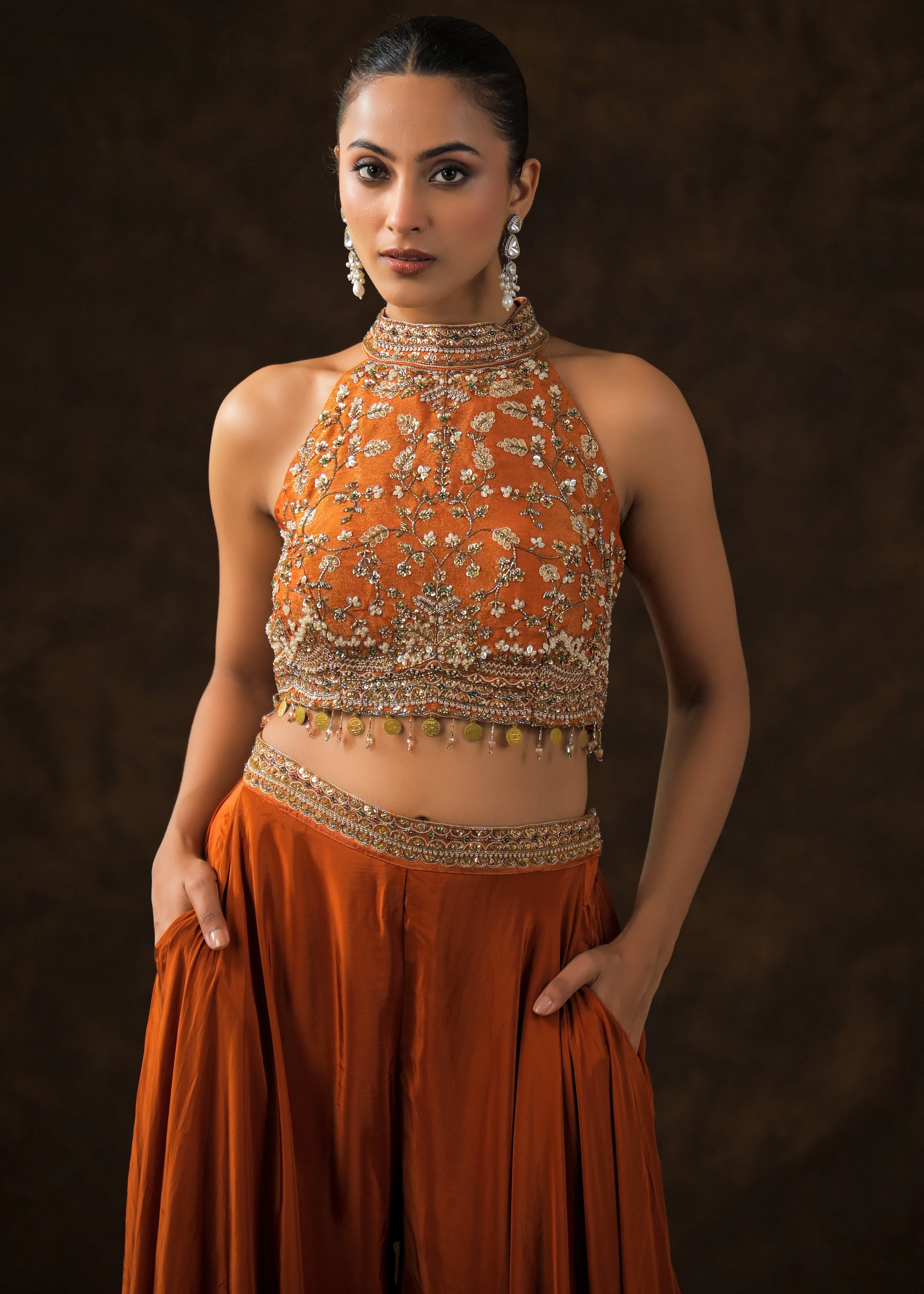 Burnt Orange Embellished Satin Silk Palazzo Set - Image 3