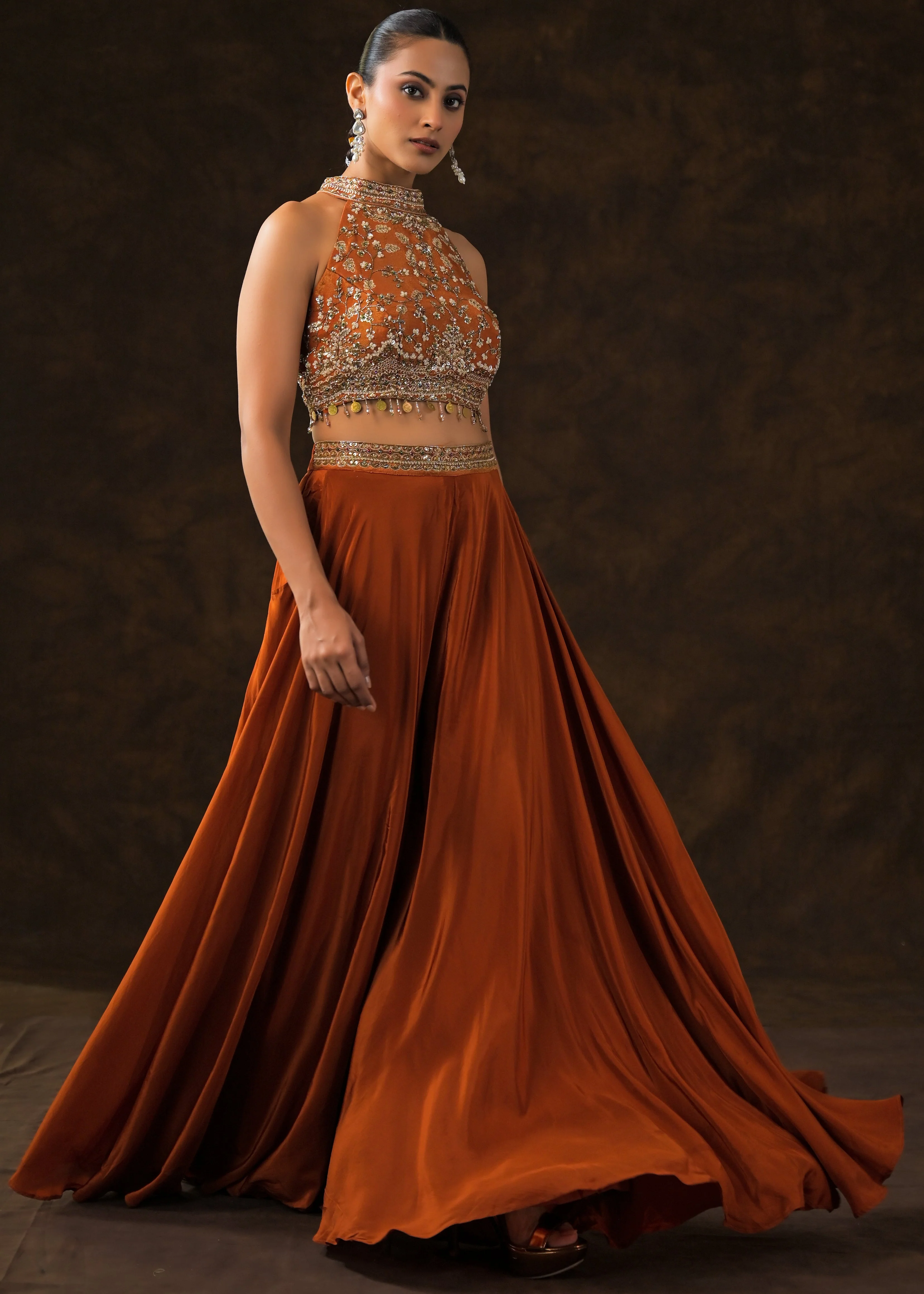 Burnt Orange Embellished Satin Silk Palazzo Set - Image 5